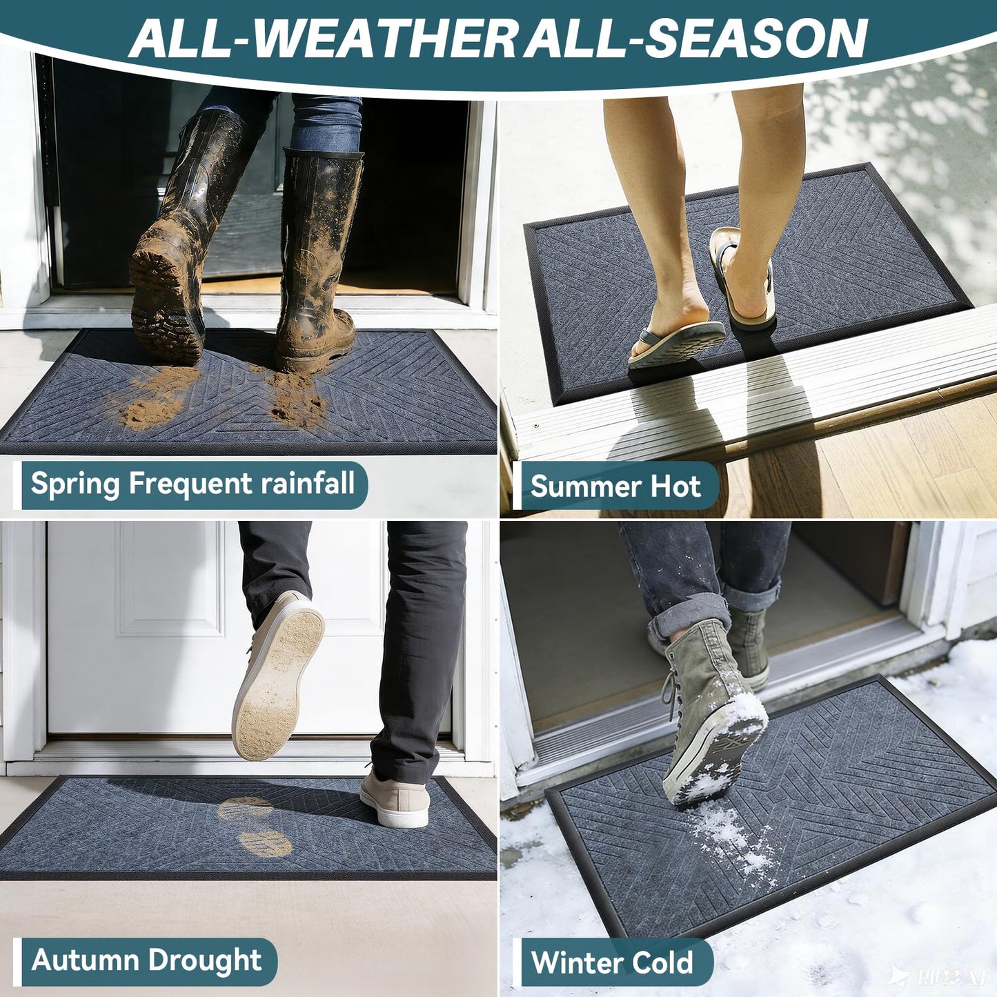 UKISS All-Season Front Door Mat Outside Entrance, Absorbent, Heavy-Duty Low-Profile Non-Slip Doormat Indoor Outdoor, Stain and Fade Resistant Washable Rubber Mat for Entryway,30''x17.5'', Grey