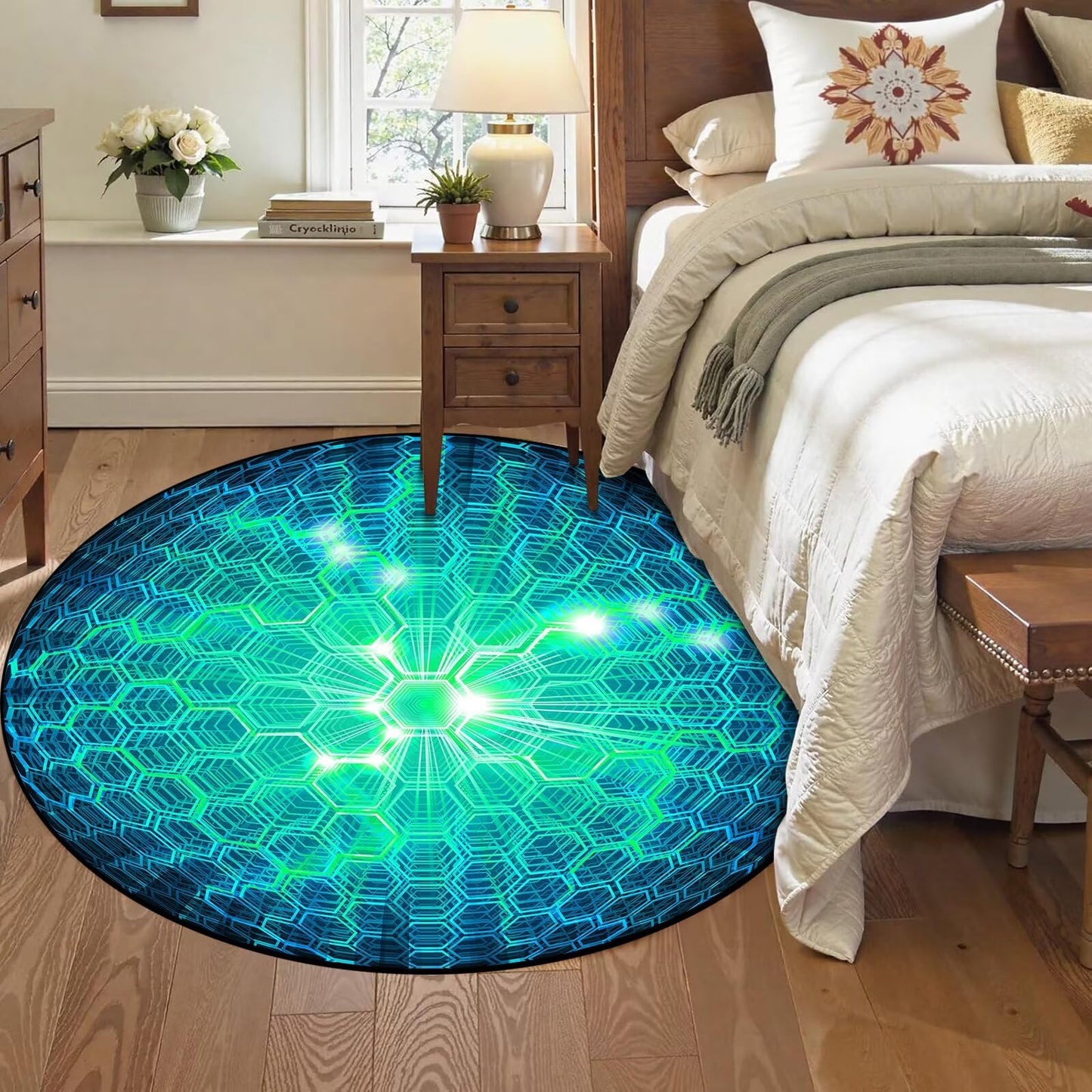 DJNEAR Geometric Round Rug 6ft 3D Honeycomb Circle Area Rugs Modern Aesthetic Carpet Living Dining Room Bedroom Throw Rugs Floor Mat Doormat Home Decor, Teal