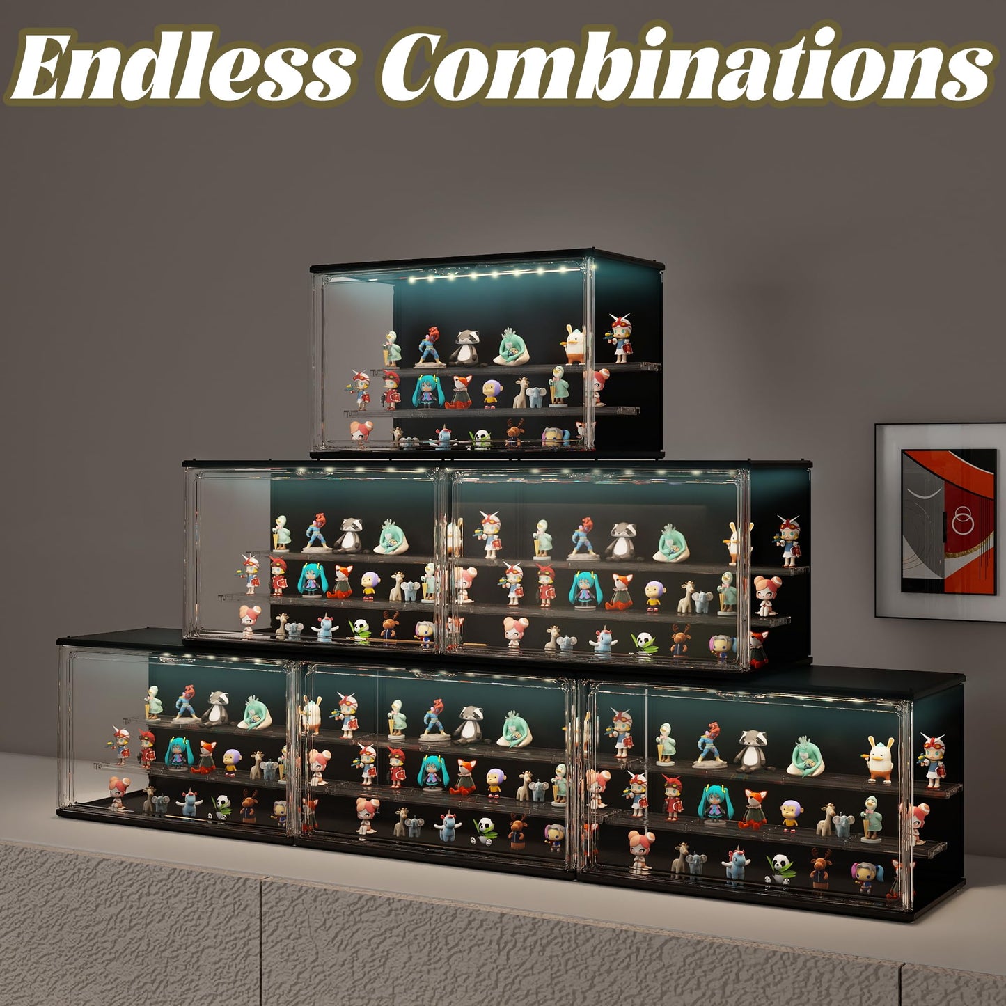 VERSSURE Clear Display Case for Collectibles, 3-Tier Adjustable Figure Display Case with LED Light, Stackable Acrylic Showcase with Magnetic Door for Jewelry,Collectibles (Black, 1 Pack-8.7" H)