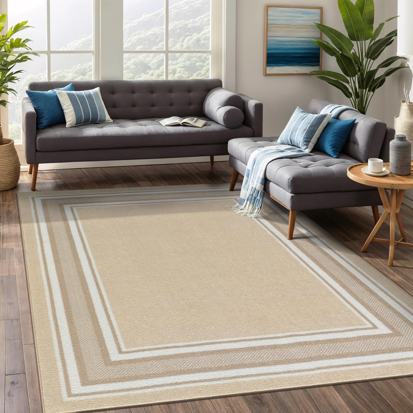 Beverly Rug Non Slip Area Rugs 5x7 Modern Bordered Non Skid Rubber Backing Soft Area Rug for Living Dining Room Easy to Clean Non Shedding Kitchen Bedroom Indoor Carpet 5 x 7 Beige