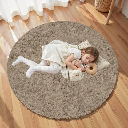 Gray Camel Round Fluffy Rug 6ft,Soft Bedroom Circle Rugs Mats for Kids Girls Nursery Room,Washable Plush Shaggy Indoor Non Slip Rug for Bedside Living Room Bedroom Circular Carpet,Home Decor Aesthetic