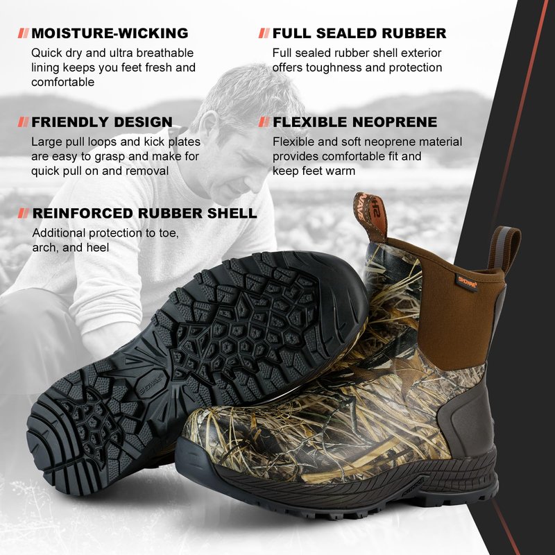 Showave Men's Rain Boots Waterproof Excursion Rubber Boots Insulated Mud Booties for Trekking Gardening Farming Camping Fishing and Chore Work (Camo, Size 8)