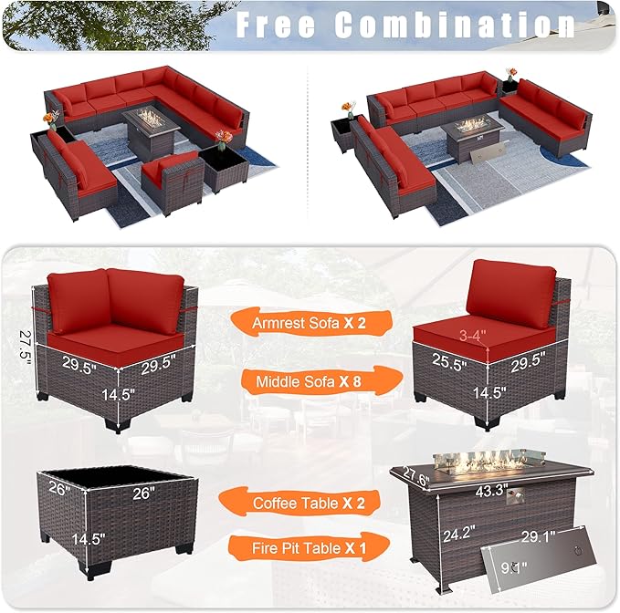Kurapika 13 Pieces Patio Furniture Set, Rattan Wicker Outdoor Conversation Sets w/43in Propane Fire Pit Table and 4 Inch Cushion(Red)