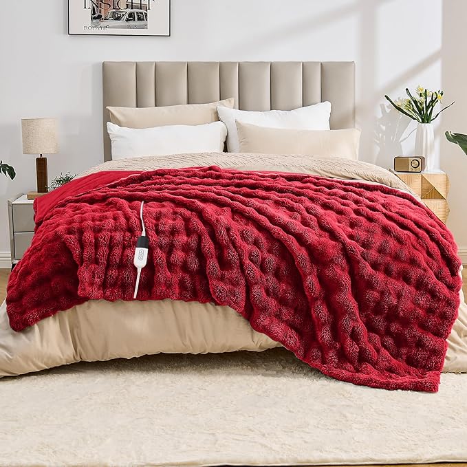 Heated Blanket Electric Throw Blanket 62''X 84''-Heating Blanket with 6 Heat Settings-10 Hours Auto Off,Cozy Faux Rabbit Fur Bubble Electric Blanket,Red