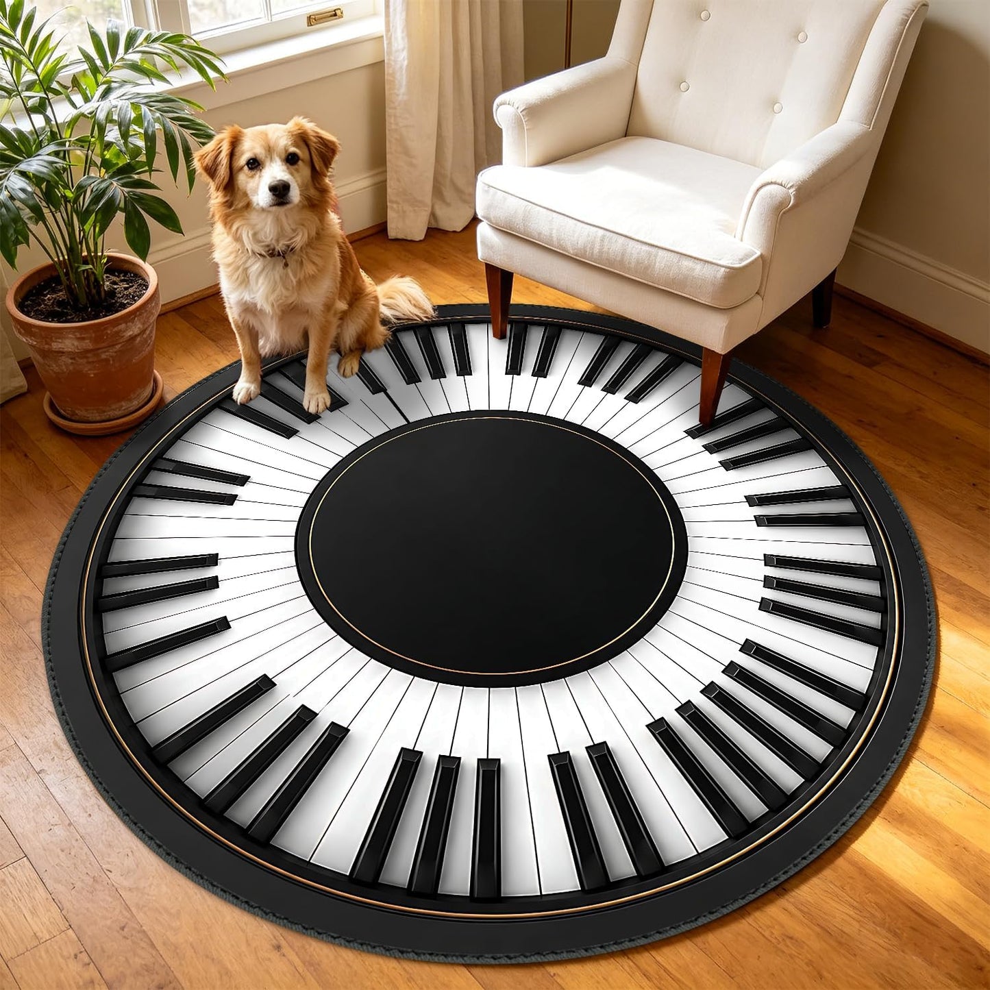 Round Area Rug 4ft – Piano Keyboard Round Rug, Washable Circular Floor Carpet for Living Room, Bedroom, Music Room, Studio, Non Slip Decorative Piano Key Rug