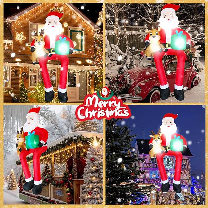 9.5 FT Christmas Inflatable Outdoor Decoration Giant Sitting Santa Claus Christmas Inflatables with LED Lights Climbing Santa Inflatable Blow Up Yard Decorations for Xmas Roof Eaves Lawn