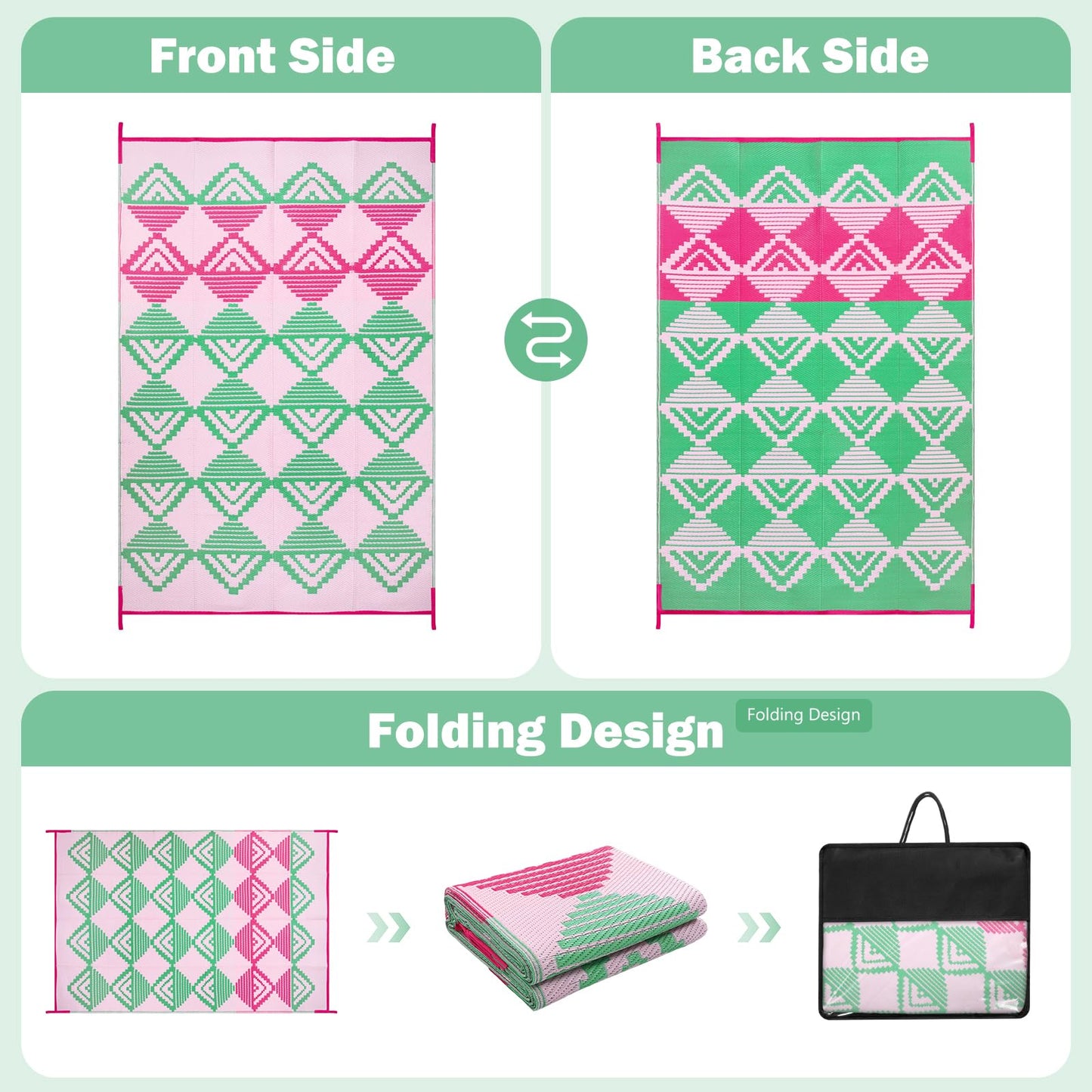 Lahome Waterproof Outdoor Rug 8x10, Reversible Outdoor Plastic Straw Rug for Patios, Outside RV Mat Carpet for Deck Porch Backyard Balcony Picnic Trailer (Pink/Green, 8' x 10')