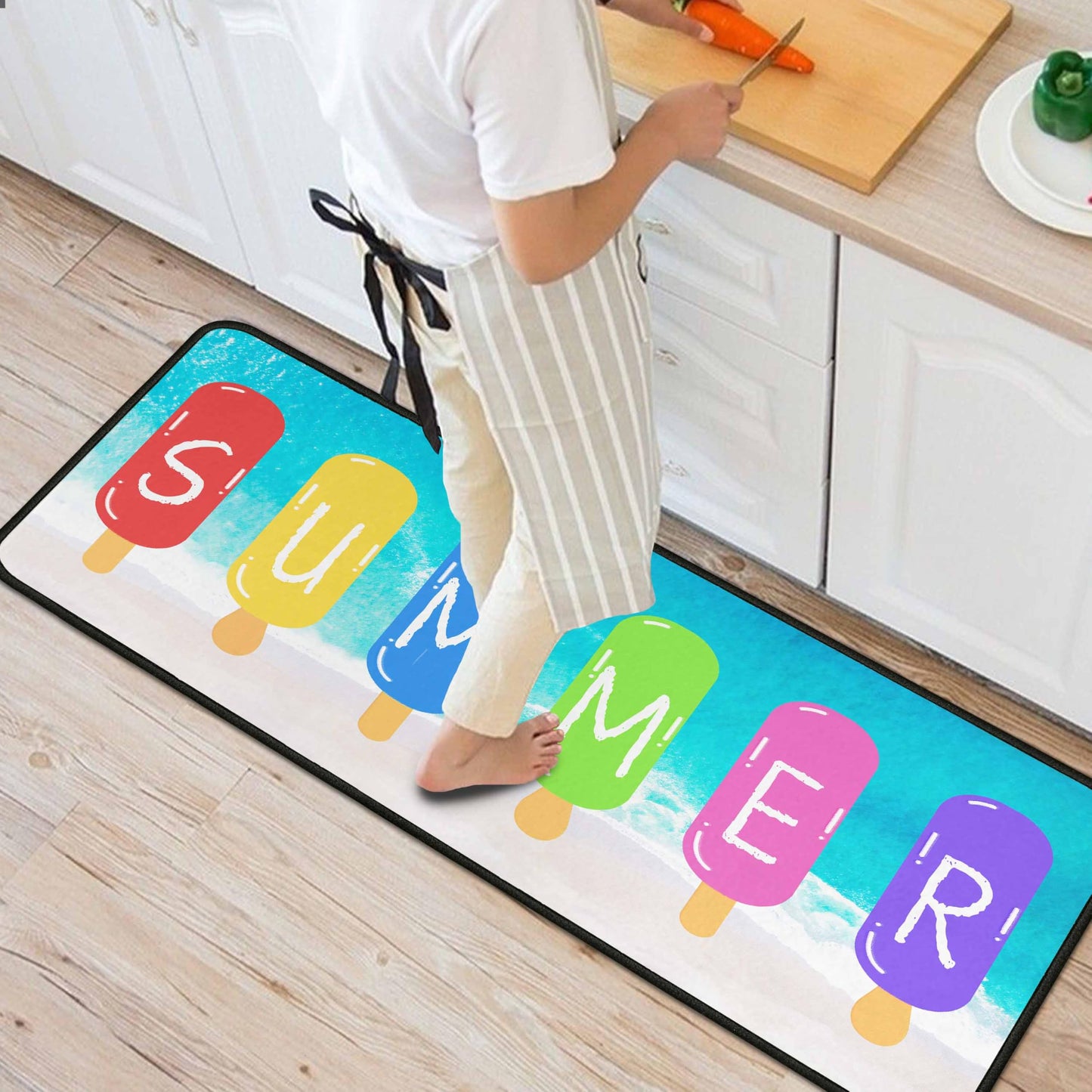Lumiprinta Summer Blue Kitchen Rugs and Mats Set of 2, Seasonal Microfiber Washable Non-Slip Floor Mats for Home Kitchen Decor 17"x47"+17"x30"