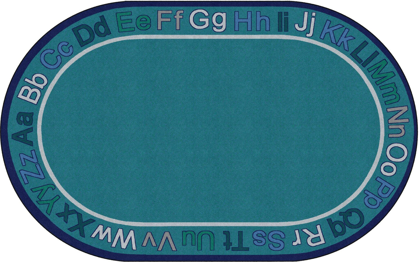Flagship Carpets Know Your ABCs Educational Oval Area Rug for Preschool Kindergarten Alphabet Learning at Circle Time in the Classroom, Kids Room or Playroom, 7'6" x 12', Cool Blue