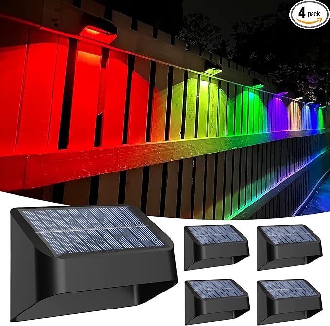Brighter Solar Fence Lights 4 Pack, RGB 8 Colors, Dusk to Dawn Deck Light, Fence Solar Lights Outdoor IP65 Waterproof, Solar Outdoor Lights for Backyard/Railing/Wall/Step/Patio(Black)