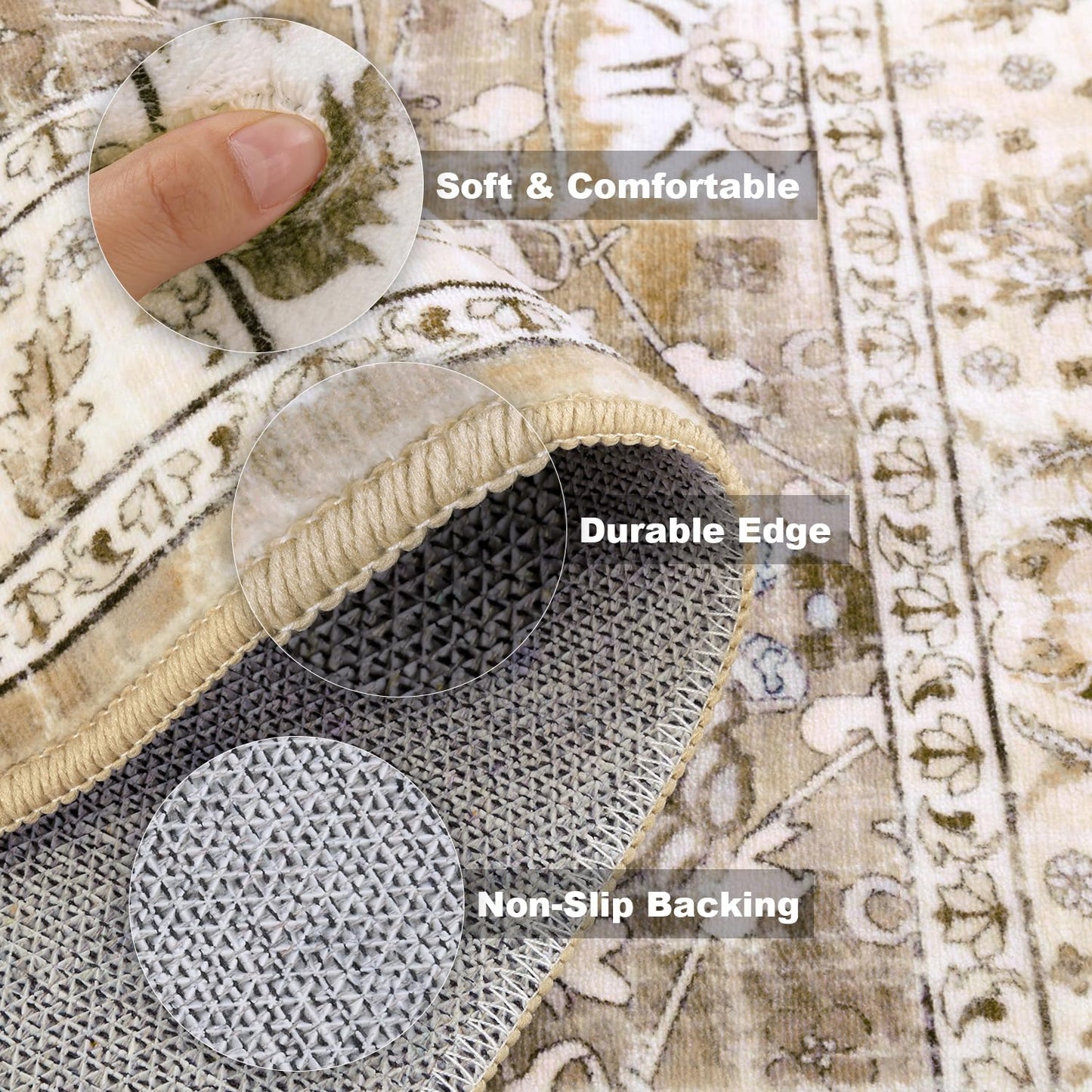 LOKHOM Washable Runner Rug, 2x6 Non-Slip Vintage Hallway Runner Rug with Rubber Backing, Boho Floral Soft Faux Wool Kitchen Rug Carpet Runner for Kitchen Laundry Entryway Bedroom (Beige Brown)