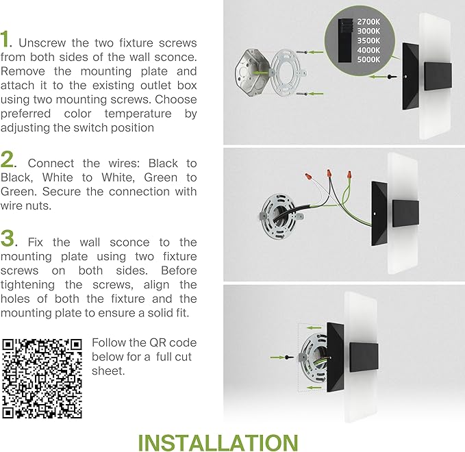 ASD 14 Inch LED Indoor Wall Sconce - Modern Interior 24W 120V 2700K-5000K Adjustable Dimmable Wall Mounted Light Fixtures, Acrylic Glass Wall Lights for Stairway, Hallway - ETL, Matte Black 2 Pack