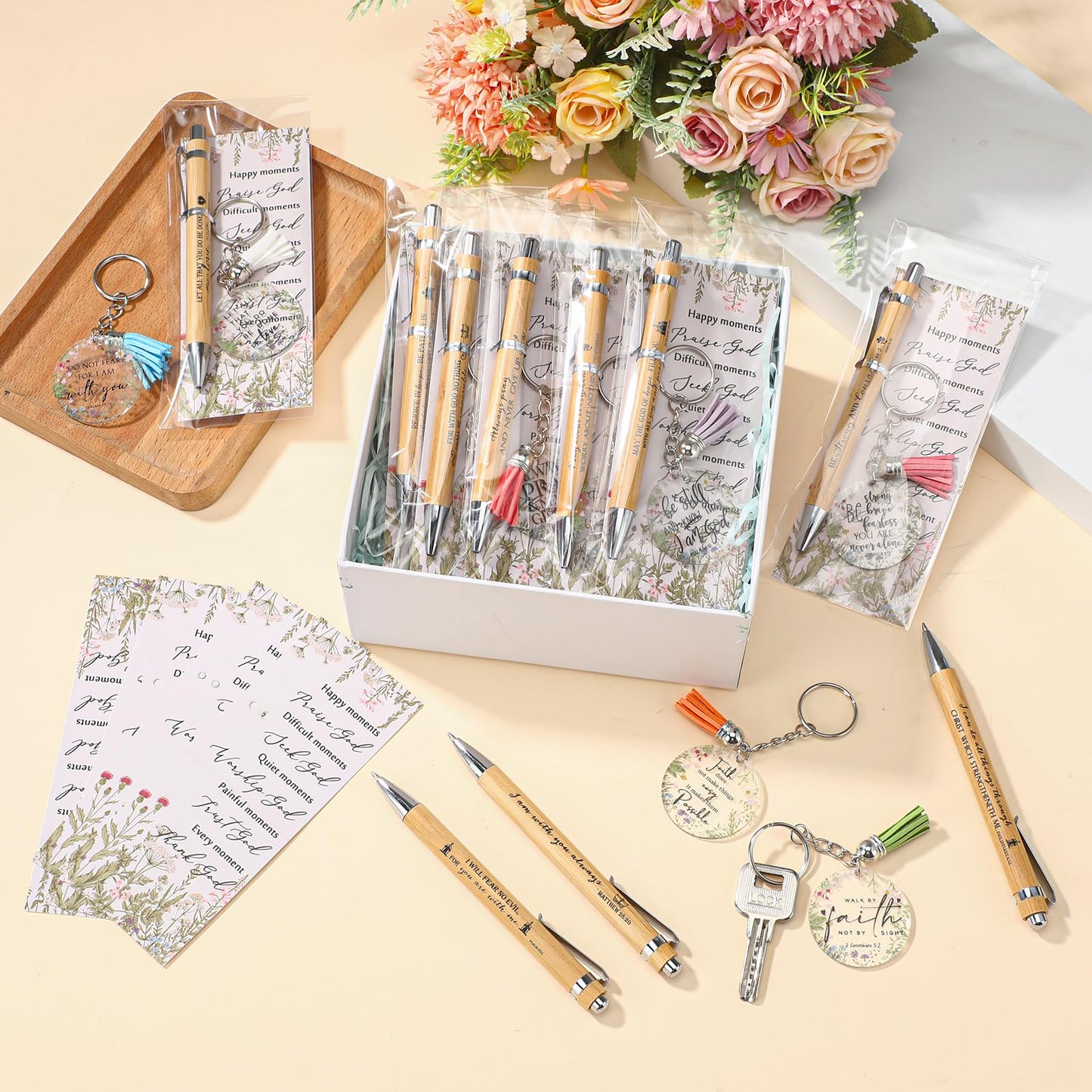 Spakon 10 Sets Fathers Day Christian Gifts Bulk Bible Verse Bamboo Pen Christian Floral Keychain Inspirational Bookmark Religious Church Gift for Church Members Women Sunday School Teacher (Bible)