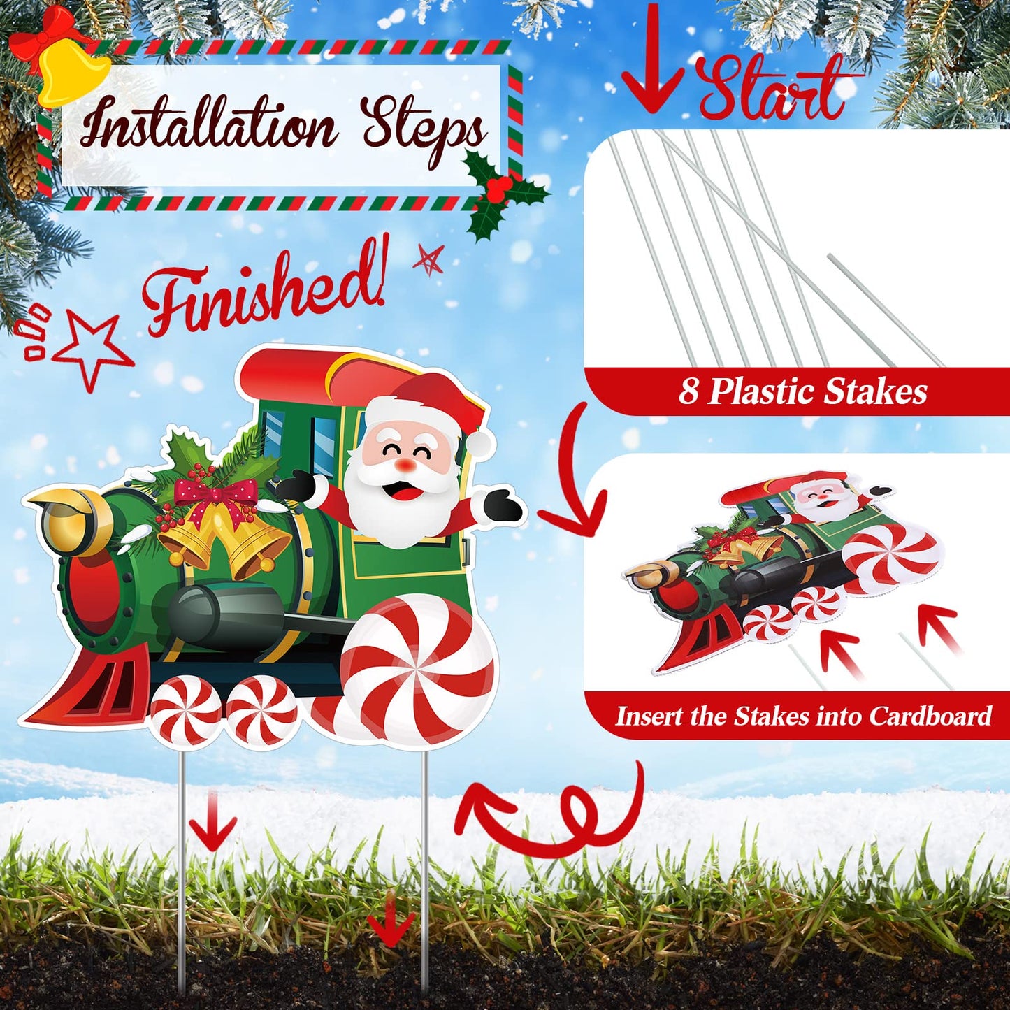 Marsui 4 Pieces Christmas Train Decorations Outdoor Yard Lawn Signs Christmas Tree Gingerbread Santa Snowman Reindeer Train with 8 Stakes for Xmas Holiday Outside Garden Lawn Yard Decor