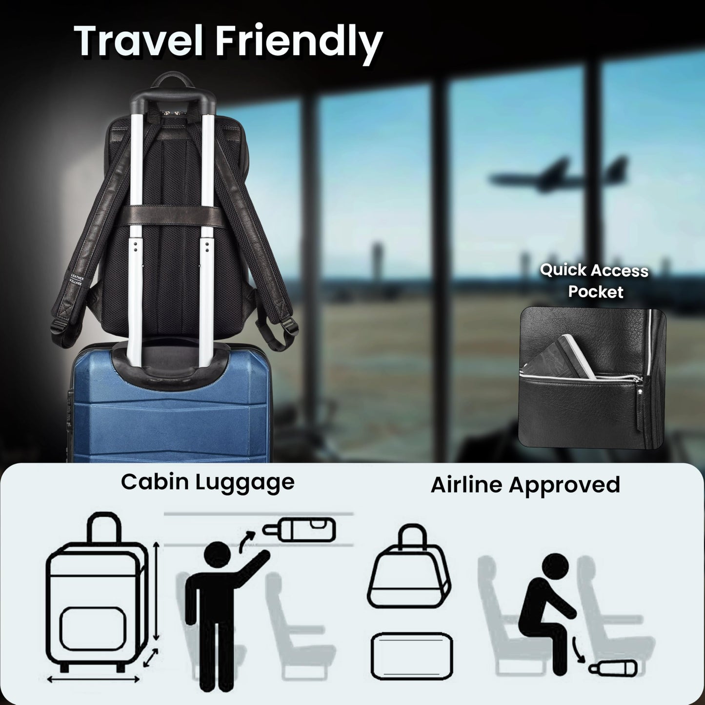 LEATHER VILLAGE Leather Laptop Backpack for Men | Black | Slim Professional Business Bag Fits 15.6”-Laptop | Water-Repellent Work & Travel Daypack with Trolley Strap