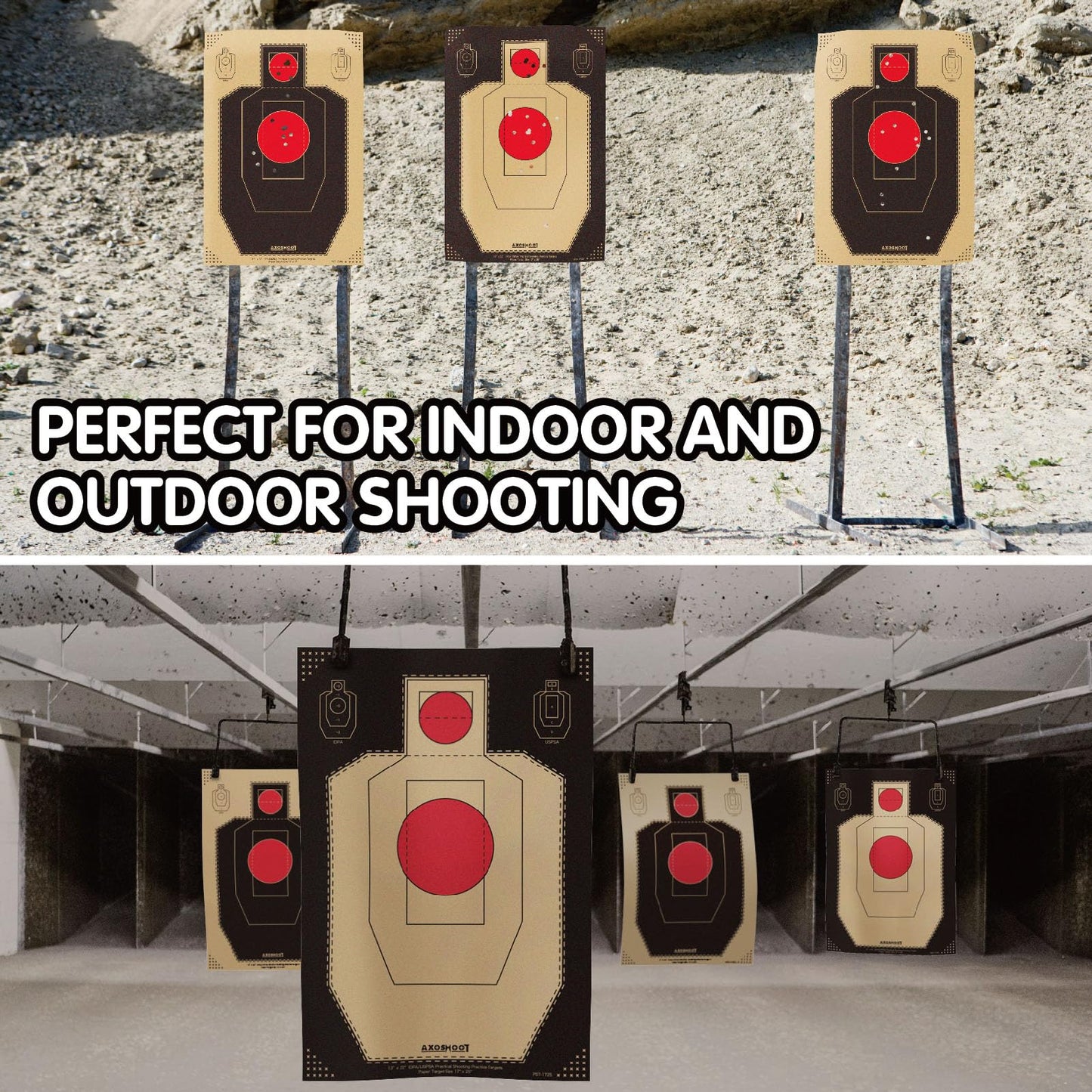 AXOSHOOT IDPA/USPSA Shooting Targets 17x25 Inch - 150gsm Kraft Paper with Black Background - 50/Pack Crease-Free Boxed Targets for Pistol, Rifle, Indoor & Outdoor Shooting Range