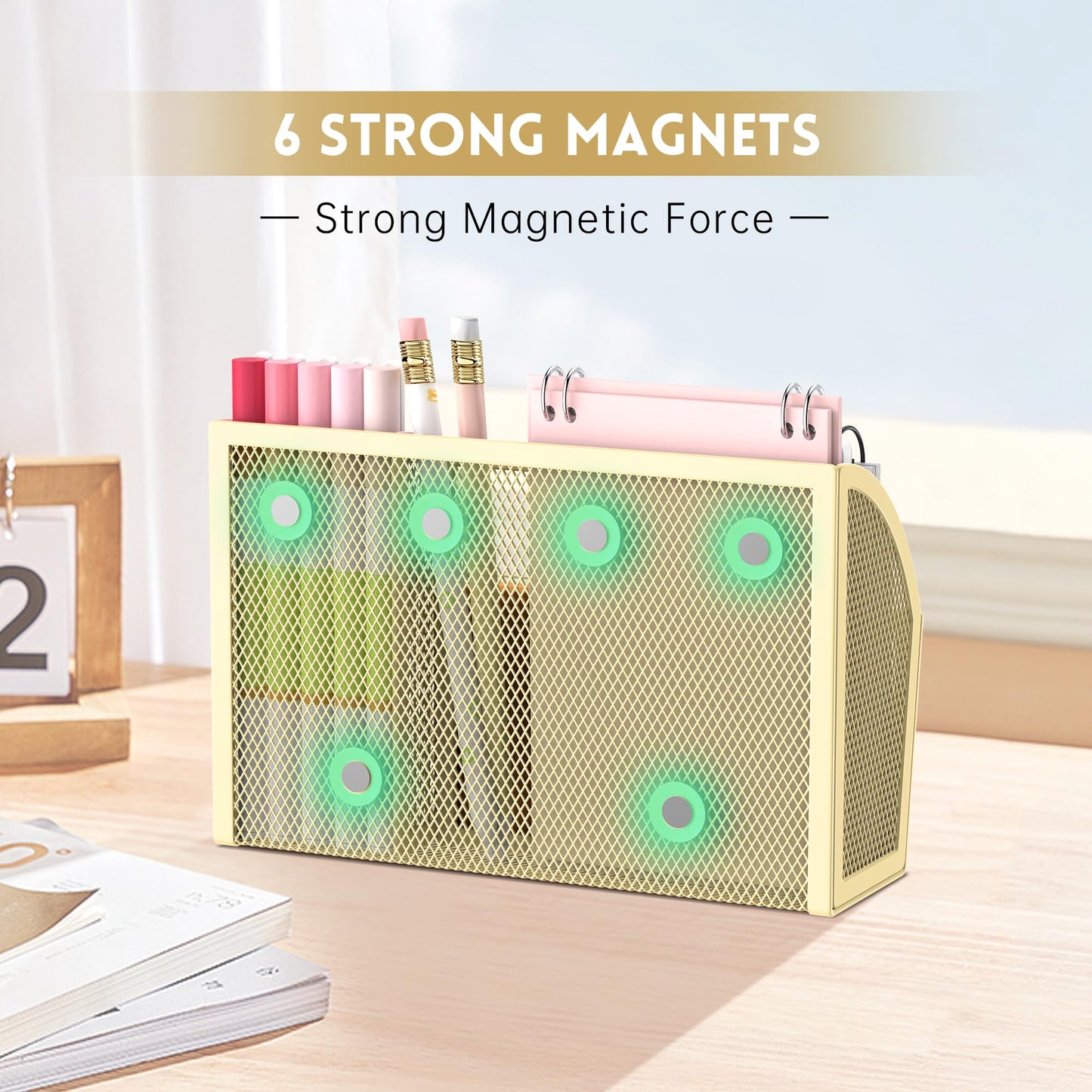 DALTACK Magnetic Pencil Holder Magnetic Shelf for the Whiteboard 3-Grid Mesh Magnetic Pen Holder for Refrigerator Magnetic Organizer Locker Accessories Organizer for Office, Yellow
