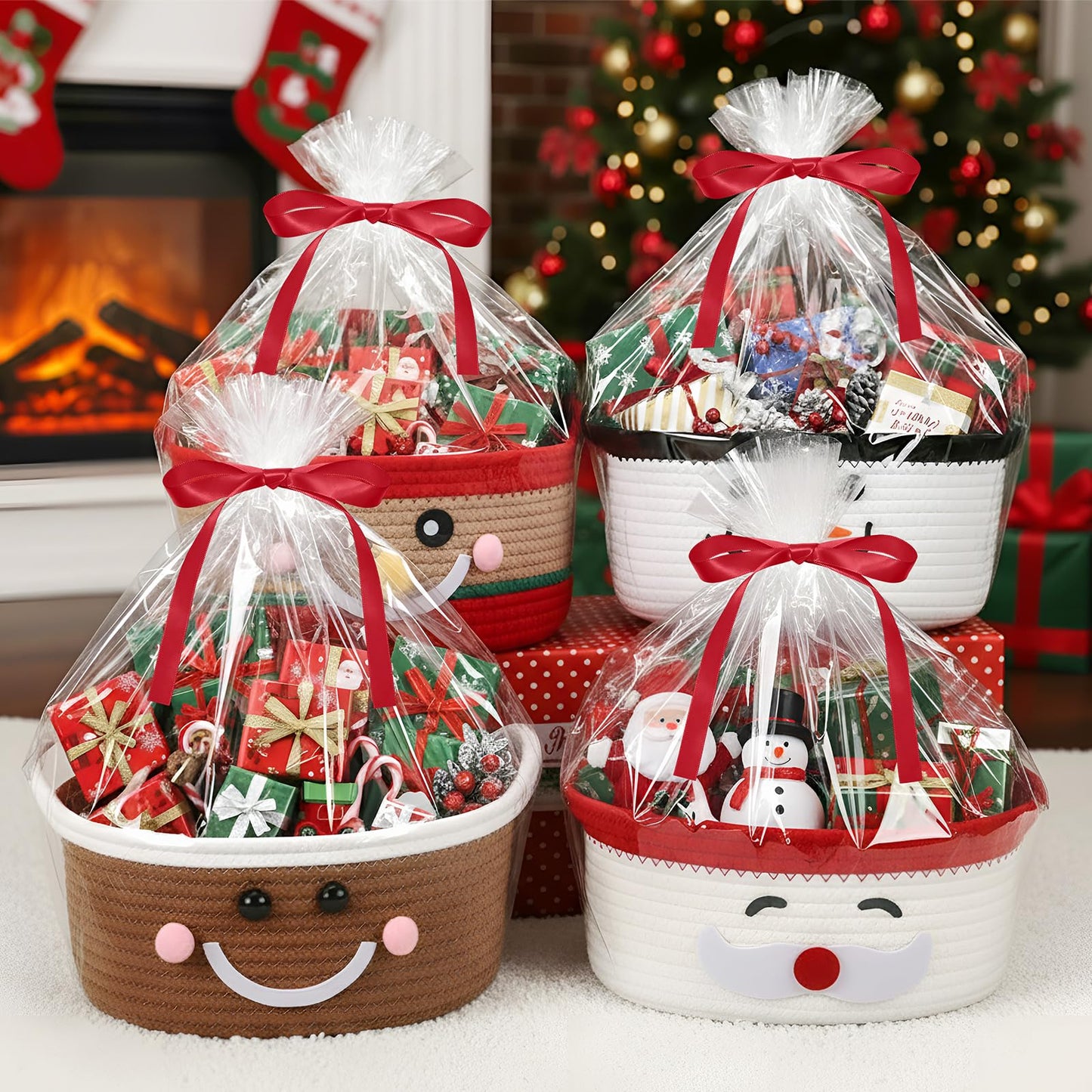 Zopeal 4 Pcs Christmas Woven Basket with Gift Bag, Ribbon Empty Basket Deer Storage Bin Holiday Decorative for Xmas Gifts, 12 x 8 x 5 Inch