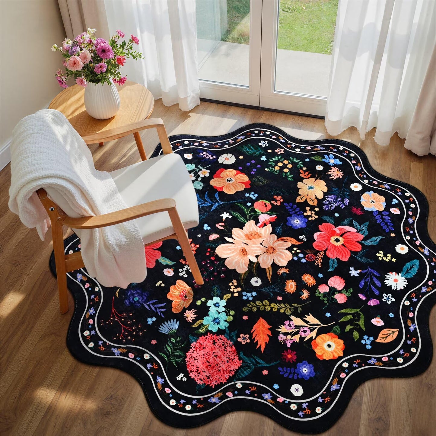 Macgace Black Round Rug for Girls Bedroom, 5ft Machine Washable Floral Area Rugs with Non Slip Backing, Cute Flower Carpet Kitchen Living Room Kids Playroom Decor