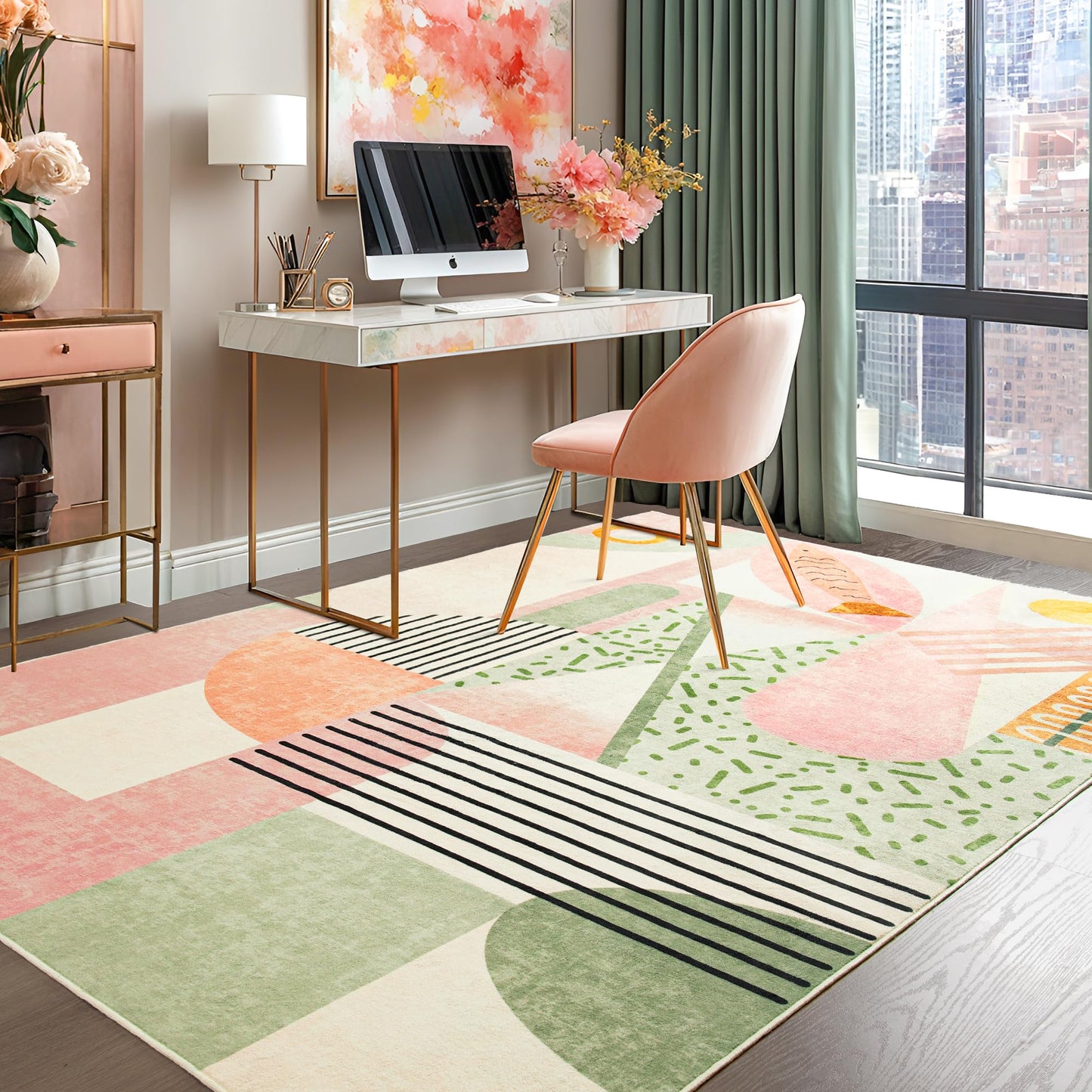 Tepook Pink Area Rug for Living Room, 5x7 Indoor Carpet for Bedroom Washable, Non-Slip Abstract Print Kids Rug for Nursery Playroom Classroom Dorm Office Dining Room