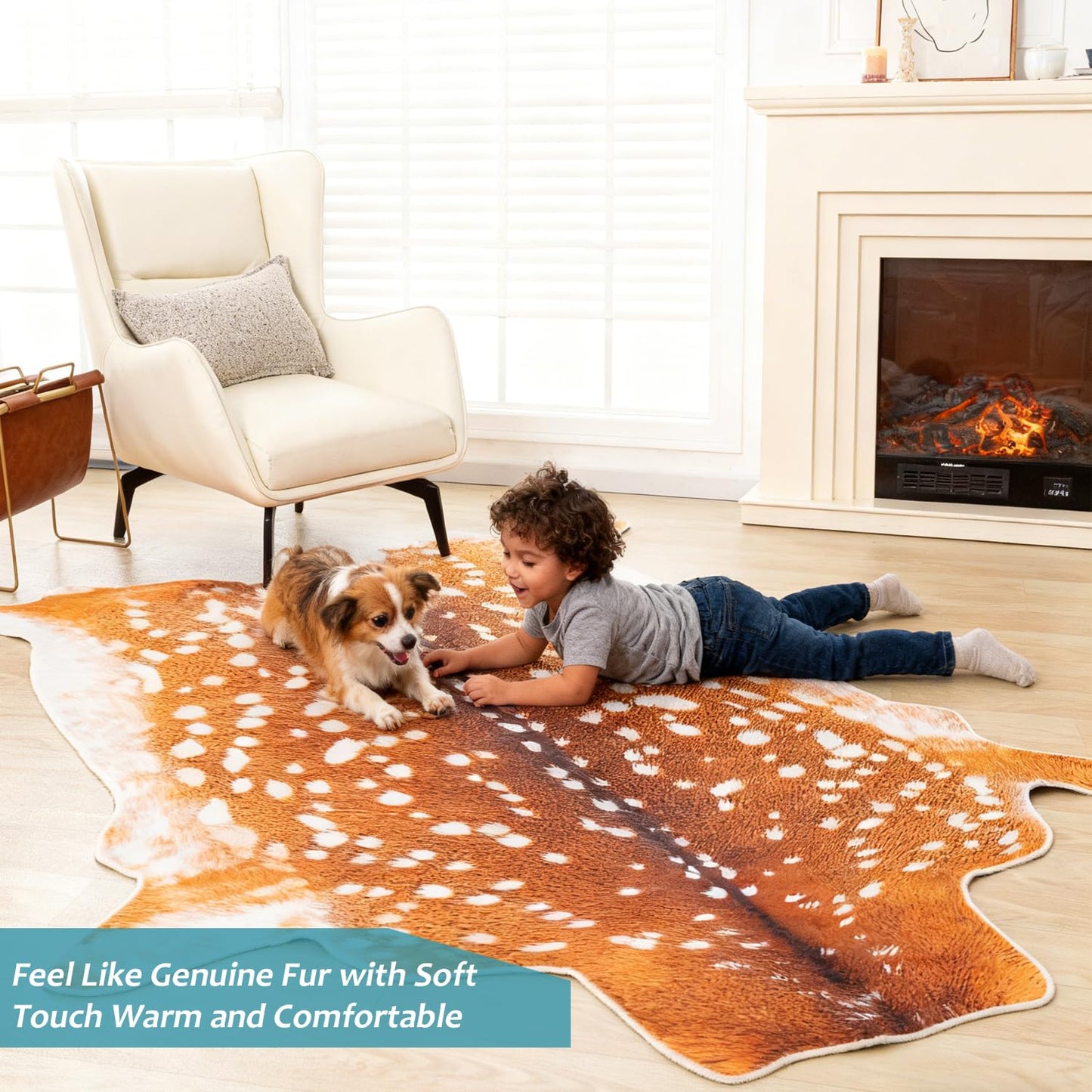 YulyreZome Deer Rug Faux Fur Deer Print Rug, 4.6x5.2 Feet Irregular Shaped Animal Hide Rugs, Soft Faux Cashmere Antelope Fawn Carpet for Living Room, Bedroom, Cabin, Lodge Western Home Decor