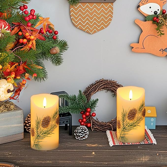 Pinecone LED Candles with 6H Timer, flameless Candles with Flickering Flame, Waxy Pillar 2 Pack Flickering Acorn Decor Woodsy for Fall Christmas Decor (3 inches x 5.7 inches)