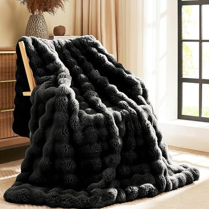 L'AGRATY Faux Rabbit Fur Blanket: 50" x 60" Luxury Soft Fluffy Thick Fur Throw Blanket for Couch Bed Sofa - Cozy Plush Bubble Blankets for Winter: Warm Flannel Fleece Decorative Blanket(Black)