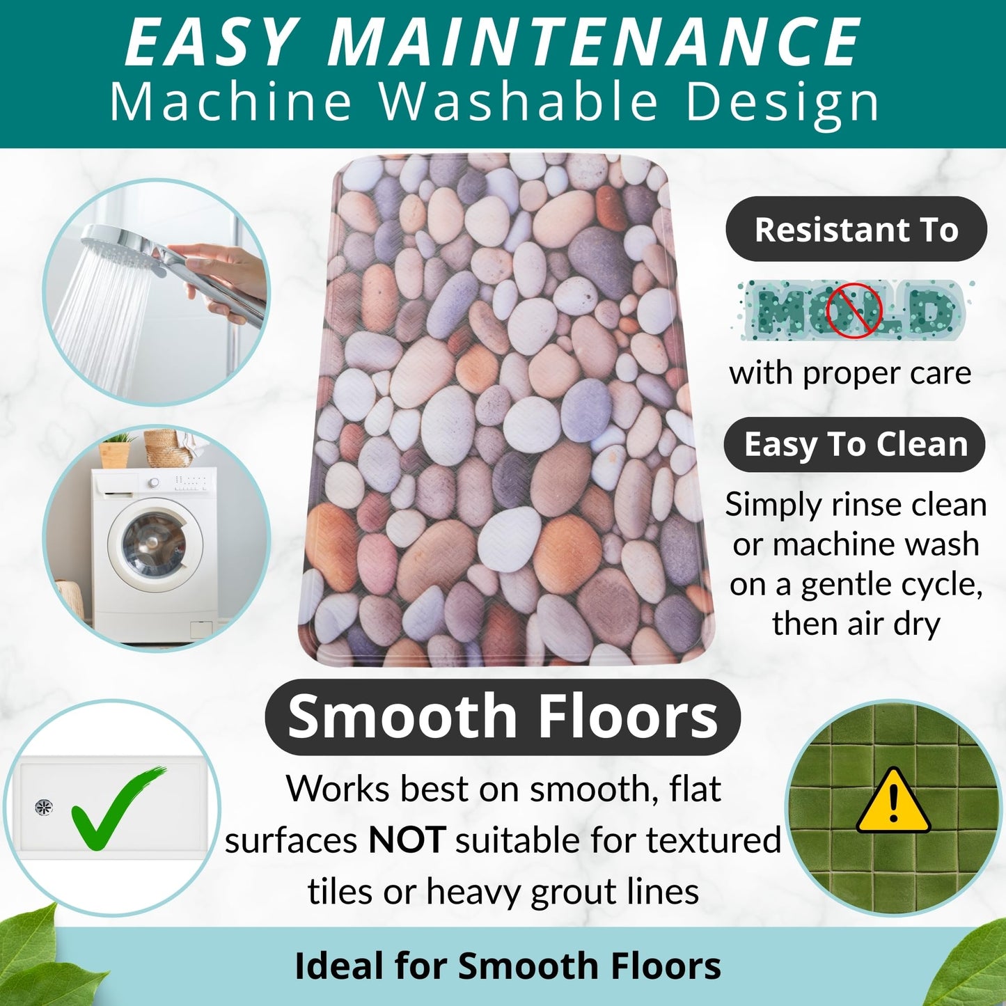 ENKOSI Non Slip Bath Mat for Tub and Shower Floors – Anti Slip Shower Mat with Strong Secure Grip – Unique Pebble Stone Print Bathroom Mat for Inside Bathtub and Smooth Stalls (28x16 Pebble Stone)