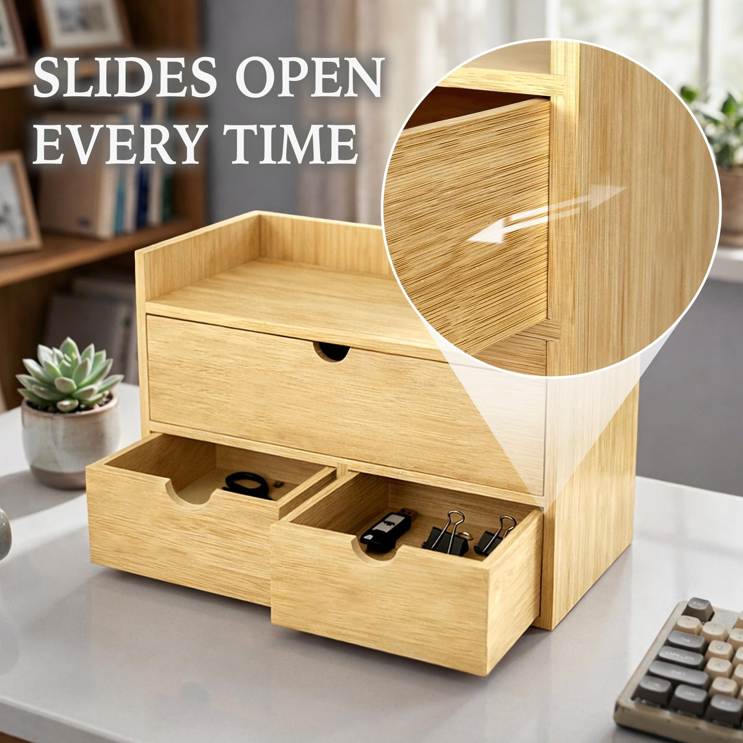 Bamboo Desk Organizer with 3 Drawers and Shelf, Desktop Drawers 13.4 x 7.3 x 8.1 Inches Countertop Storage Box for Office Supplies Makeup Kitchen, Wooden Tabletop Drawer No Assembly Required
