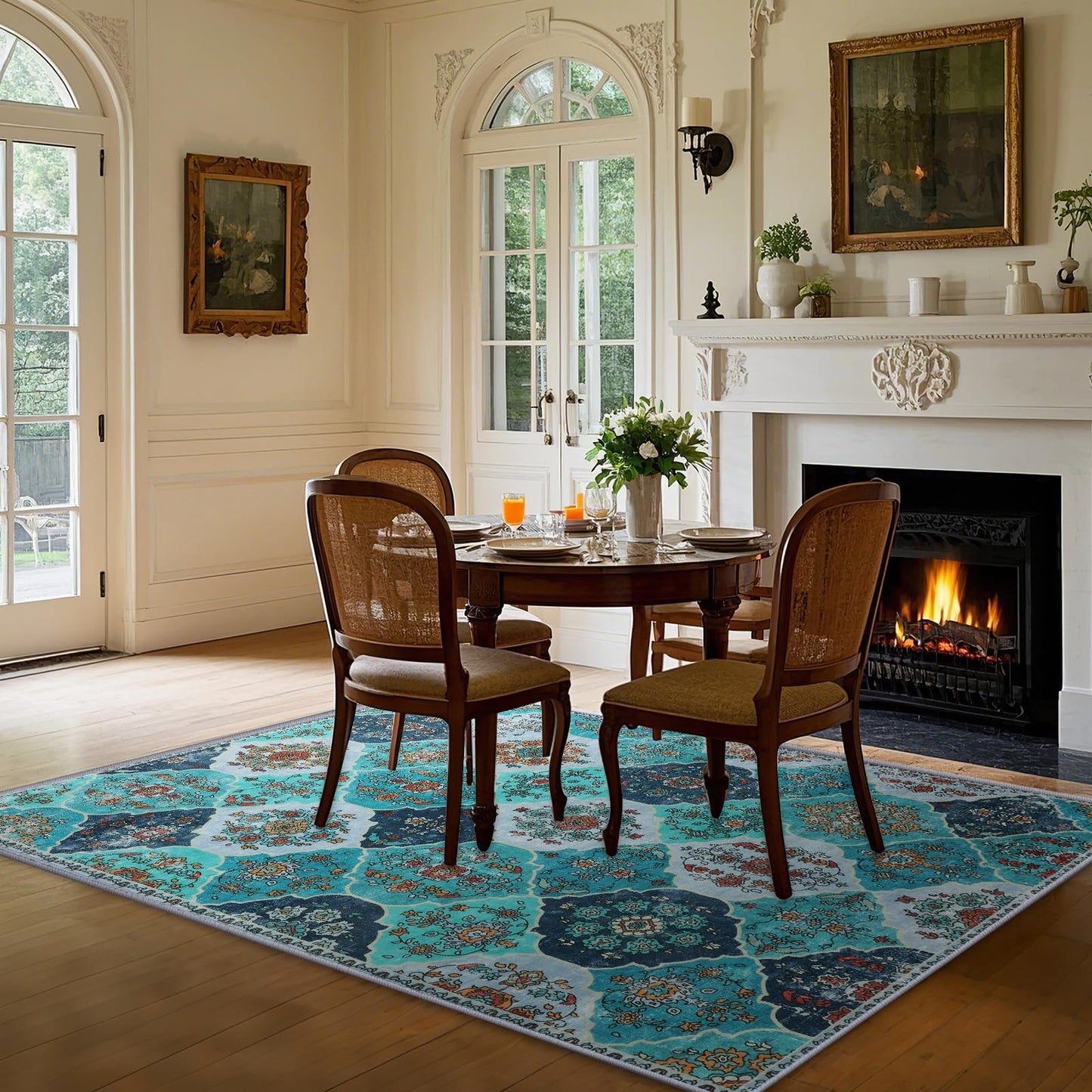 FLYRUGGO 5x7 Area Rugs, Washable Boho Rugs for Living Room, Moroccan Trellis Bohemian Ultra Soft Large Non-Slip Carpet for Dining Room Office Bedroom - Teal Blue