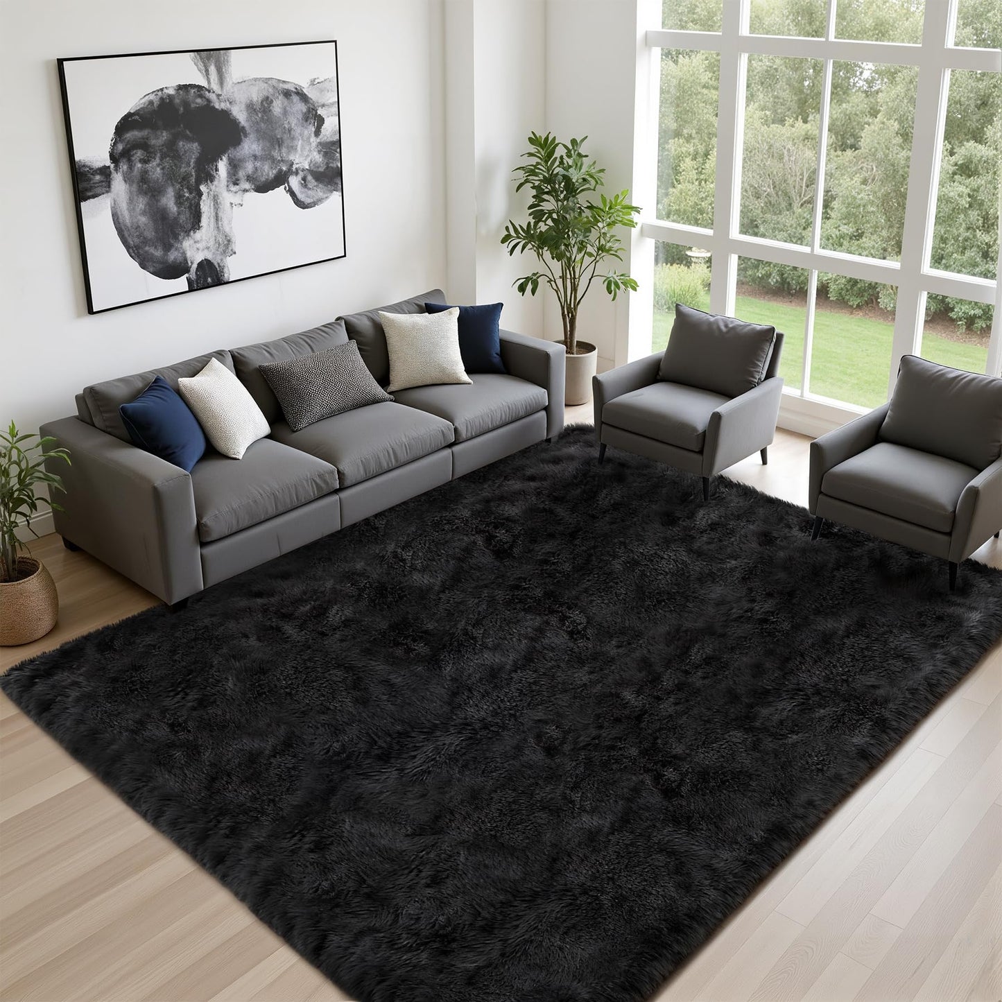 Fluffy Area Rugs 9x12 Living Room Bedroom: Ultra Soft Shag Rug Upgrade Non-Slip Non-Shedding Large Fuzzy Plush Carpet Indoor Floor Carpets for Kids Room Playroom Nursery Dorms Home Decor Black