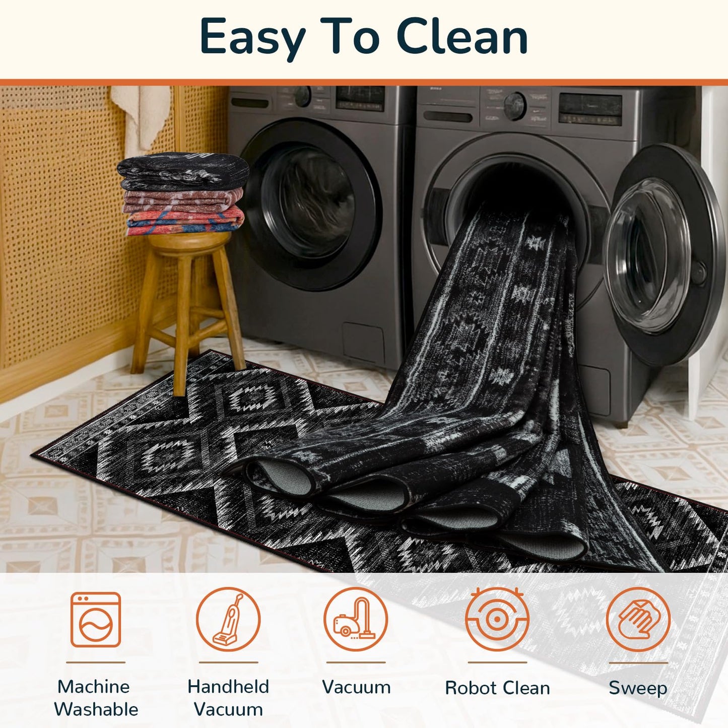 BESTSWEETIE Area Rug 5x7 Rug Machine Washable Non-Slip Low Pile Print Pattern Western Rug for Living Room Bedroom Entryway Tribal Series -Black
