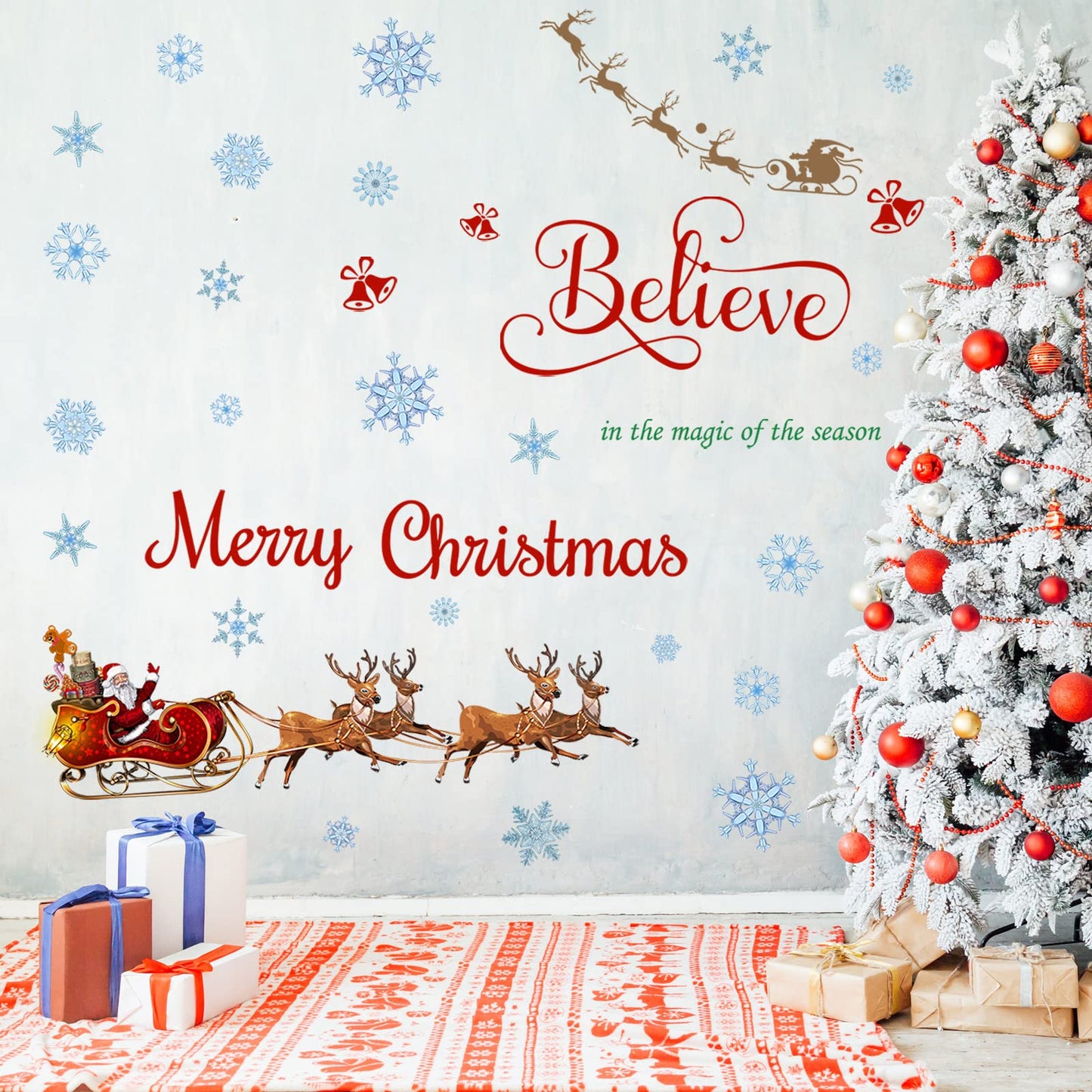 Spiareal Christmas Window Wall Decals Santa Sleigh and Reindeer Xmas Wall Stickers Merry Christmas Quote Stickers Santa Claus Snowflake Window Decal for Home Shop Xmas Party Decorations