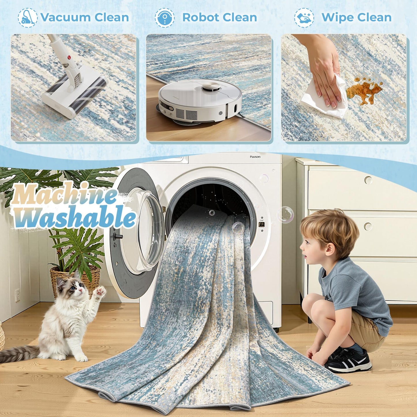 5x7 Area Rugs for Living Room: Washable Modern Abstract Rug Neutral Non-Slip Soft Low-Pile Indoor Carpet for Bedroom Nursery Dining Room Home Office (Blue Grey, 5'x7')