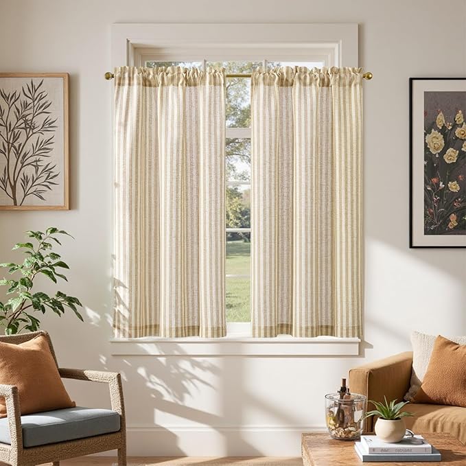 jinchan Striped Linen Kitchen Curtains 45 Inches Length Tier Curtains Farmhouse Modern Cafe Style Small Window Treatments Airy Light Filtering Rod Pocket for Living Room Bathroom 2 Panels Beige