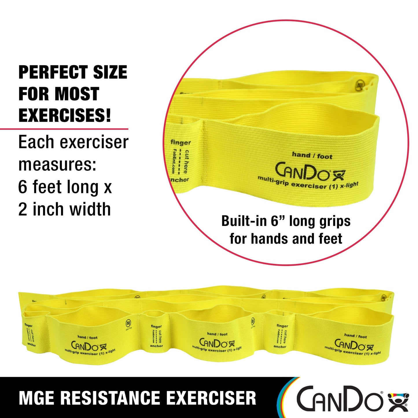 CanDo Multi-Grip 6 Foot Exercise Resistance Band with Hand/Foot Loops for Total Body Workouts, Training, Rehab, Stretching and Therapy
