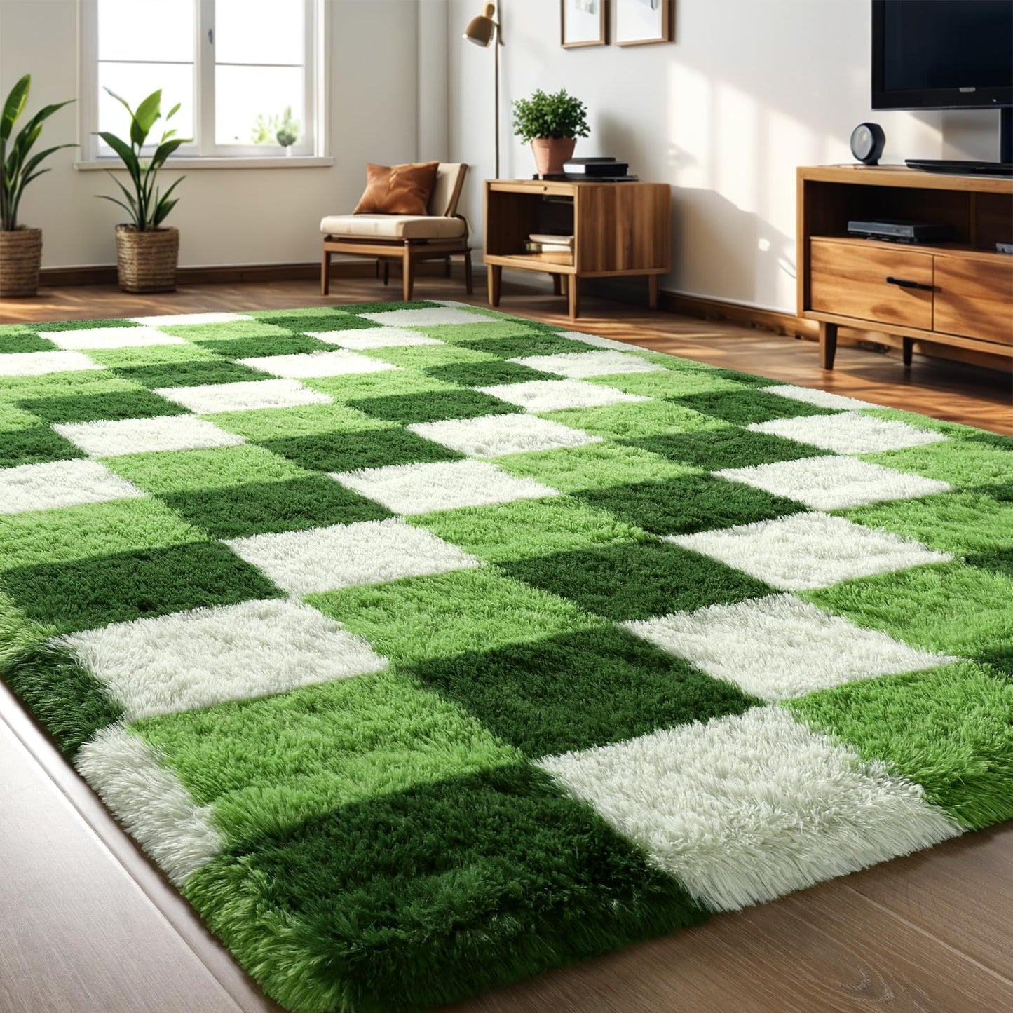 Nuttumico Modern Checkerboard Rug for Living Room Bedroom, 4x6 Ft Green Checkered Fluffy Carpet, Thickened Memory-Foam Area Rug for Kids Nursery Dorm, Home Decor, Anti-Slip and Easy to Clean