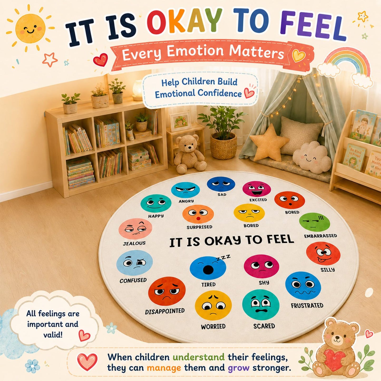 Breling 6 ft Round Calming Corner Rug for Classroom, Feelings Chart Emotion Mat, SEL Circle Time Rug for Kids, Soft Washable Non Slip Sensory Mat Reading Nook Preschool Homeschool Playroom