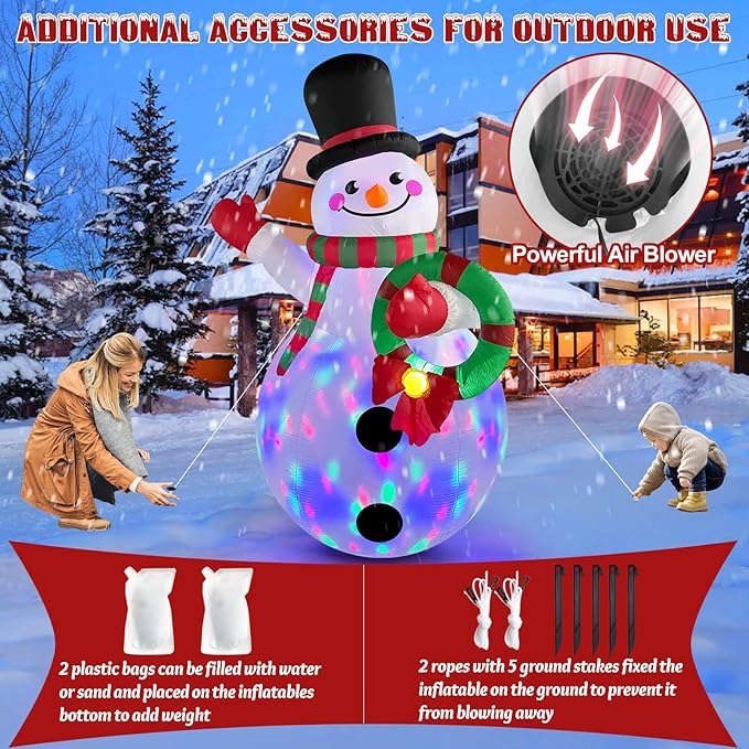 Danxilu 6 FT Christmas Inflatable Snowman with Colorful Rotating Led Lights Outdoor Yard Decorations, Blow up Snowman with Wreath and Cheerful Waving Xmas Decor for Garden Lawn Porch Holiday Party