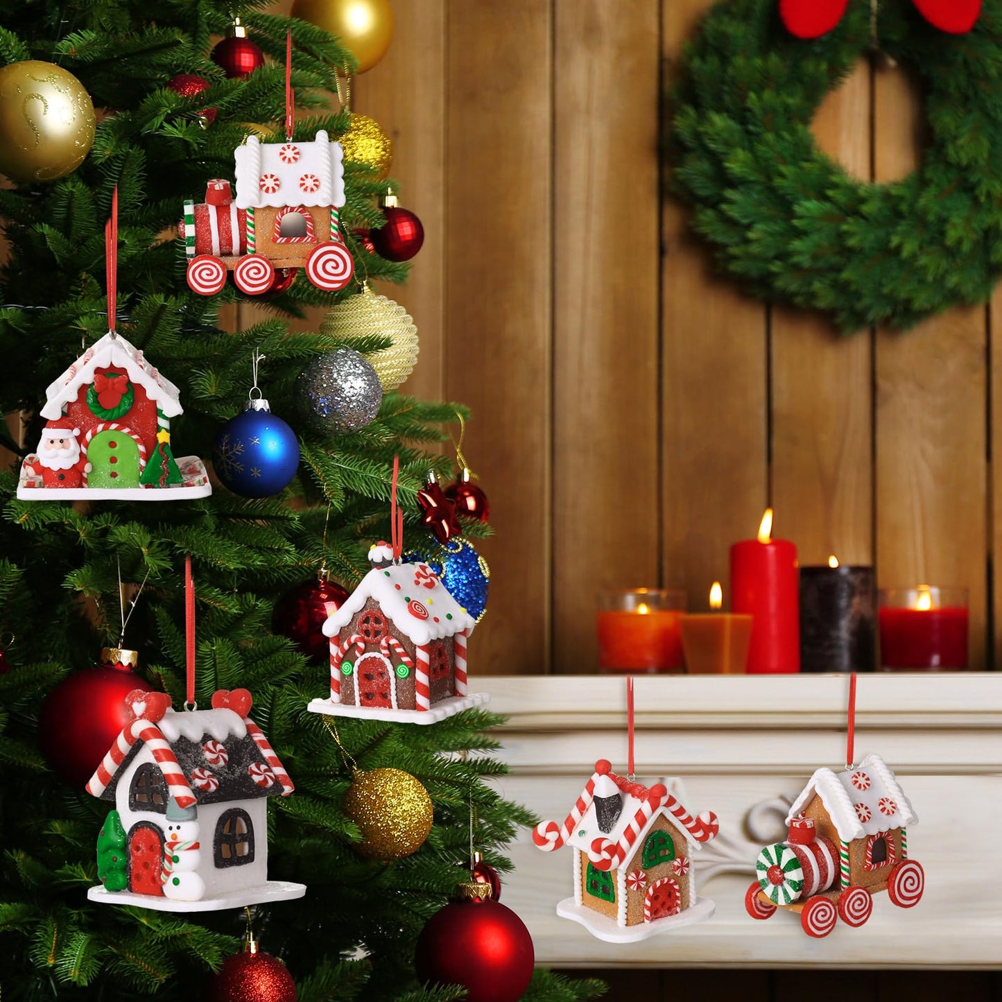 Funtery 6 Pcs Gingerbread House Ornaments for Christmas Tree Gingerbread Christmas Decor with Rope Xmas Hanging Ornaments for Tree Holiday Party New Year Home Decorations (Lovely Style)