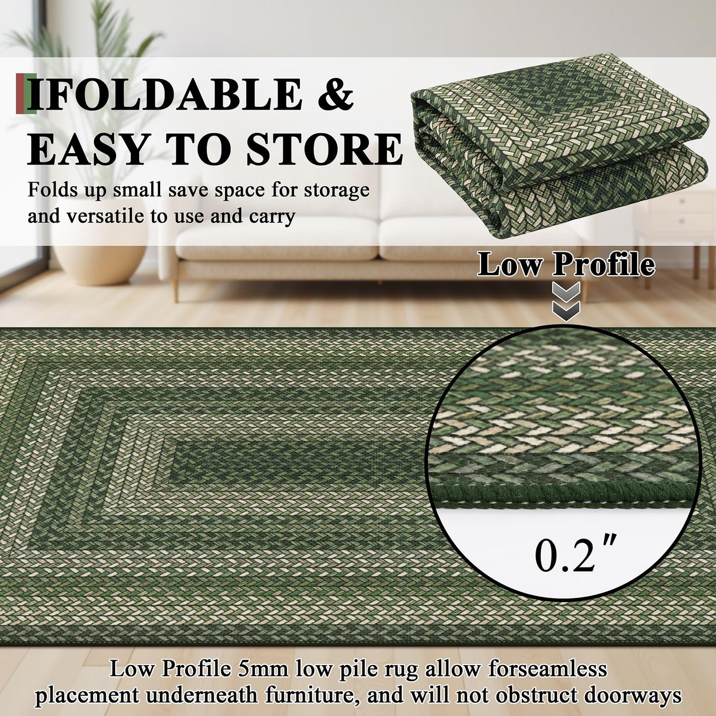 Ileading Faux Braided Area Rug 5'x8' Washable Farmhouse, No-Shed Non-Slip Woven Carpet, Pet Friendly Stain Resistant Jute Style Rug for Living Room Dining Bedroom Office