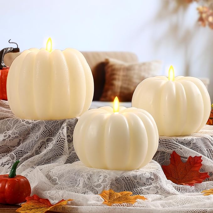 Retisee 3 Pcs Flameless Thanksgiving LED Candle Fall Light up Pumpkin Flameless Candles with Timer Remote Control, 4" 6" h Autumn Farmhouse Rustic Harvest Decor for Home Party(Ivory)