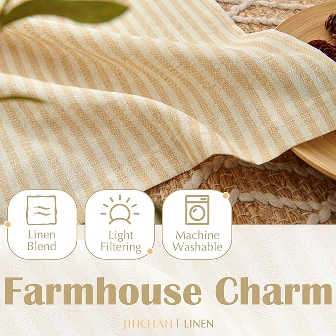 jinchan Linen Kitchen Curtains Striped Tier Ticking Stripe Pinstripe Cafe 36 Inch Length for Living Room Bathroom Farmhouse Rustic Curtains Rod Pocket 2 Panels Beige