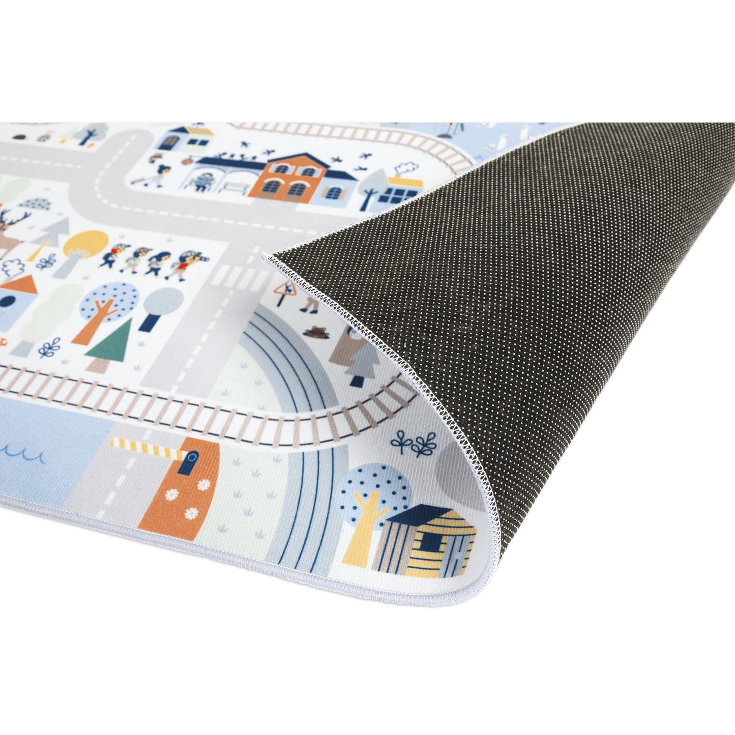Janod - Children's Car Rug - Winter Mountain Theme - Soft & Non-Slip - Sports & Valley Pattern - Play Rug for Girls & Boys' Bedrooms - 120 x 78cm - Hand Washable - from 2 Years Old - J05940