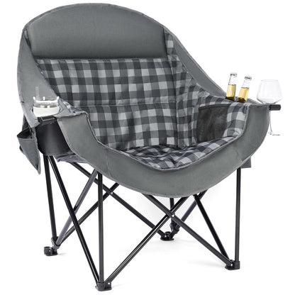 Oversized Camping Chairs for Adults - Heavy Duty Padded Outdoor Folding Lawn XL Camp Chair with Cup Holder Cooler Pockets for Outside Sports Beach Fishing Garden Portable Supports 500lbs, Grey