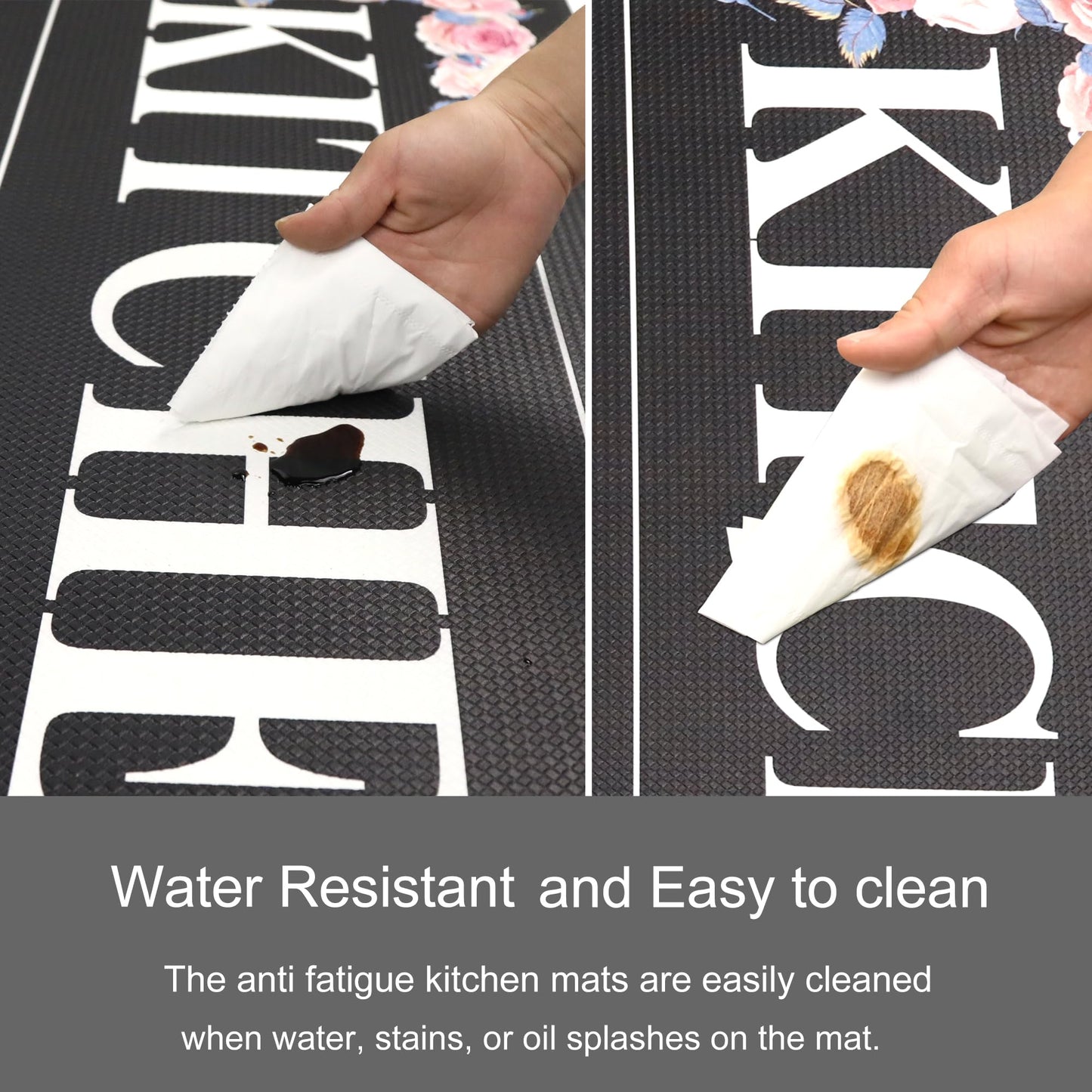 Floral Kitchen Mat Sets 2PCS Non Skid Waterproof Kitchen Rugs and Runner Sets Cushioned Anti-Fatigue Comfort Mat for Home,Office Memory Foam Kitchen Rug, 17.3"x30"+17.3"x47", Black/Pink