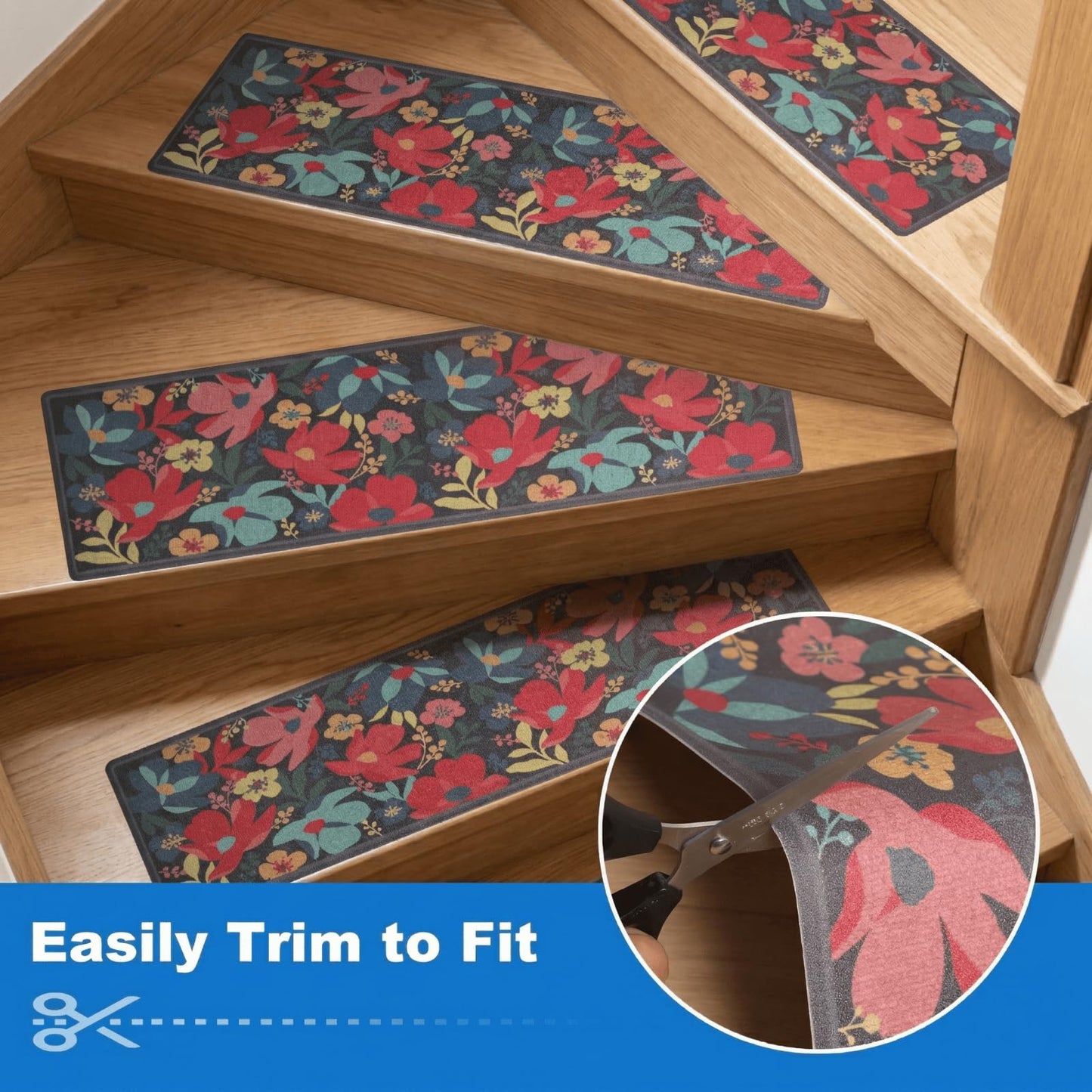 FUNMAT Outdoor Stair Treads Non-Slip, 8" X 30" - 12-Pack Weather Resistant Floral Grip Tape for Wooden Steps, Waterproof & Anti Skid High Traction Adhesive Step Strips for Stairs, Black