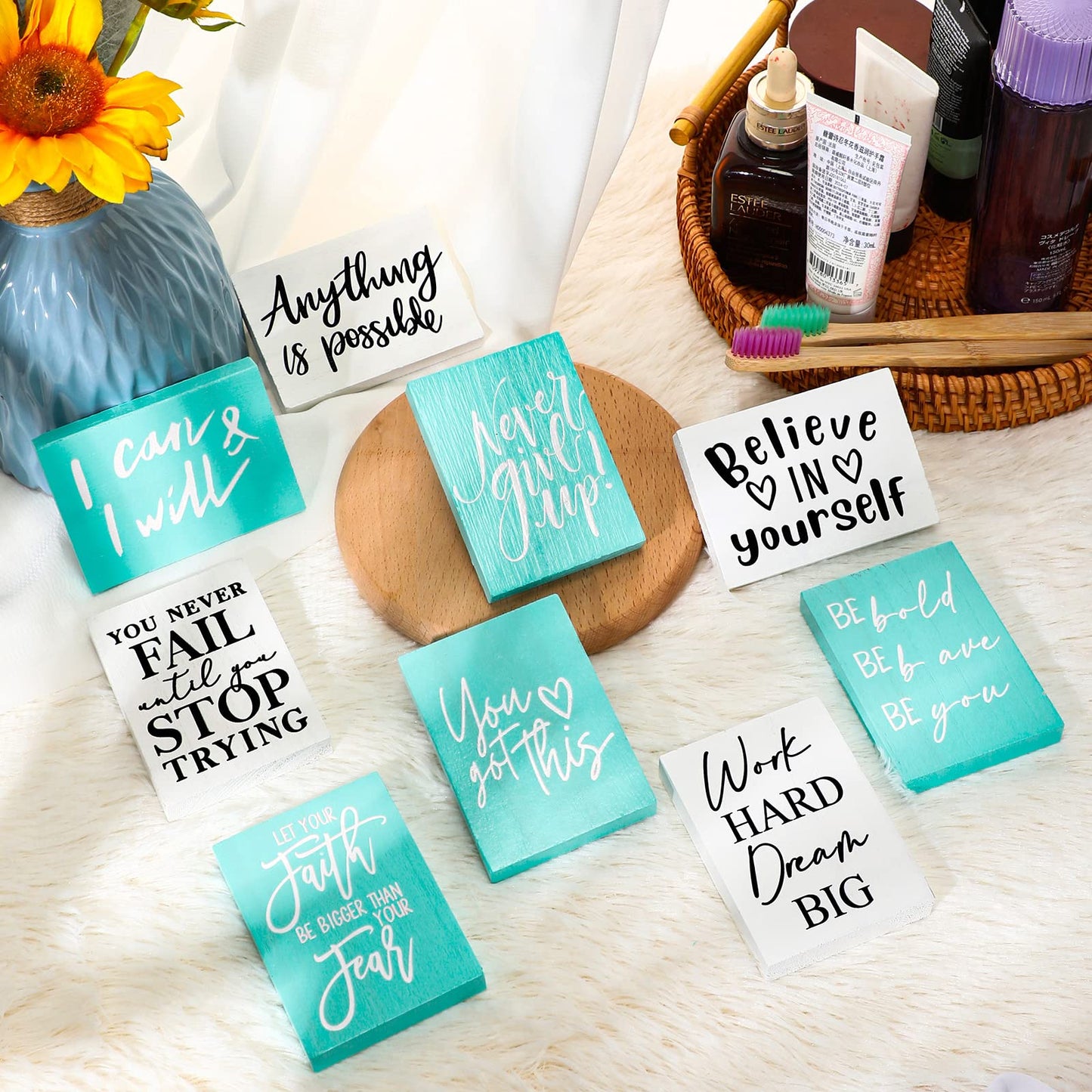 Yulejo 9 Pieces Mini Inspirational Desk Decor Motivational Quotes Wooden Signs Positive Office Desk Decor Bathroom Shelf Decoration Cheer up Gifts for Women Office, 3.5 x 2.5 Inch (White, Green)