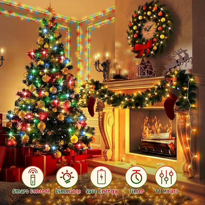 Hezbjiti 403FT 1000LED Color Changing Christmas Lights Outdoor, 11 Modes String Lights IP44 Waterproof Fairy Lights for Party Wedding Tree Decorations (Multicolor to Warm White, Clear Wire)