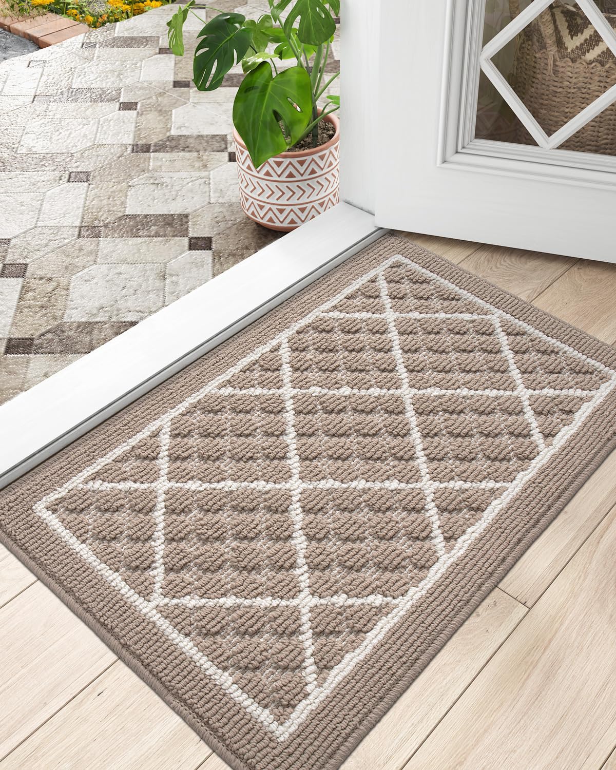 DEXI Front Door Mat 17x30, Non Slip Absorbent Entryway Doormat, Low Profile Thin Washable Entry Mats for Inside Home Entrance, Garage, Patio, Beige